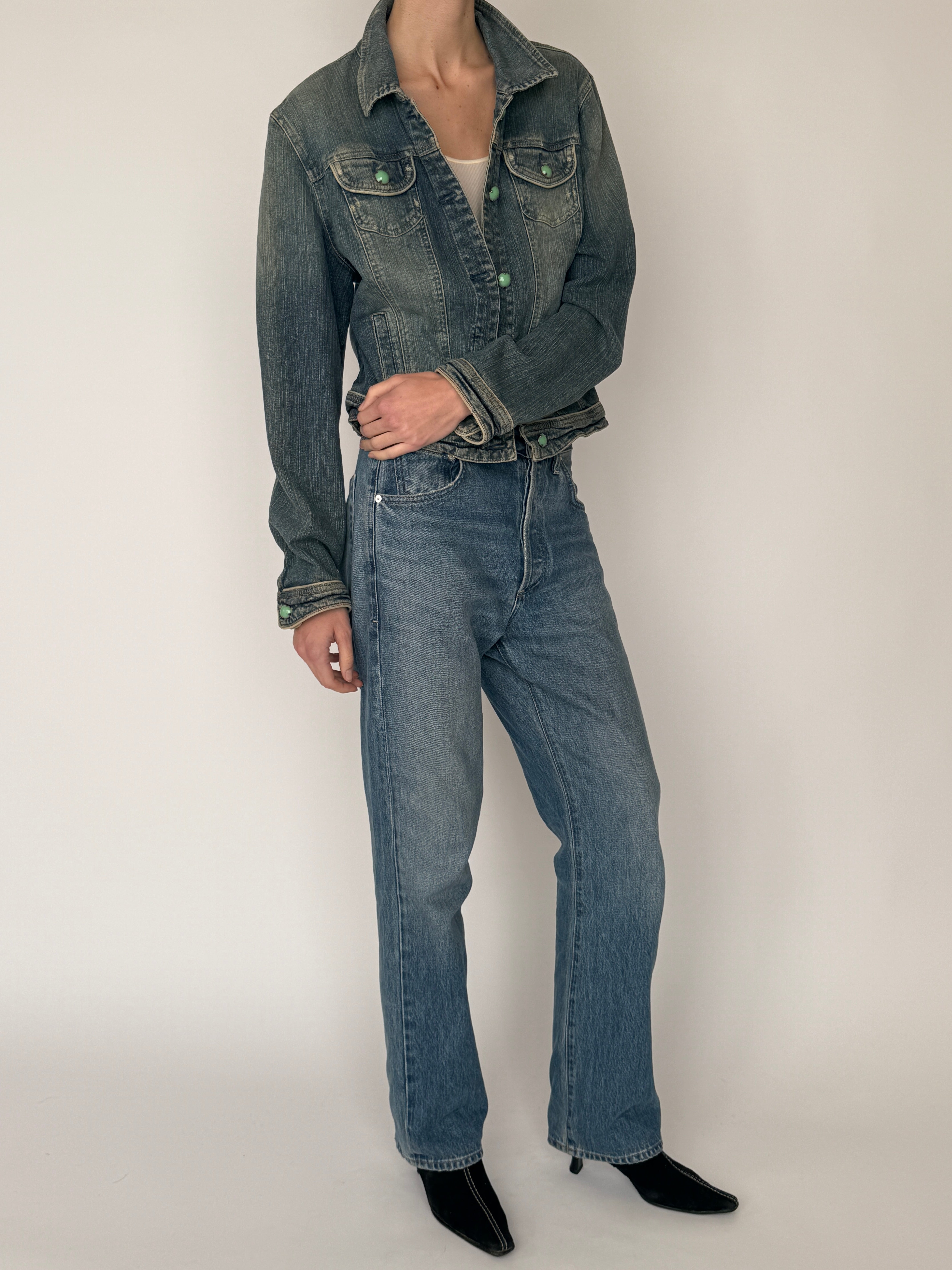 Vintage blue stretch denim jacket front view