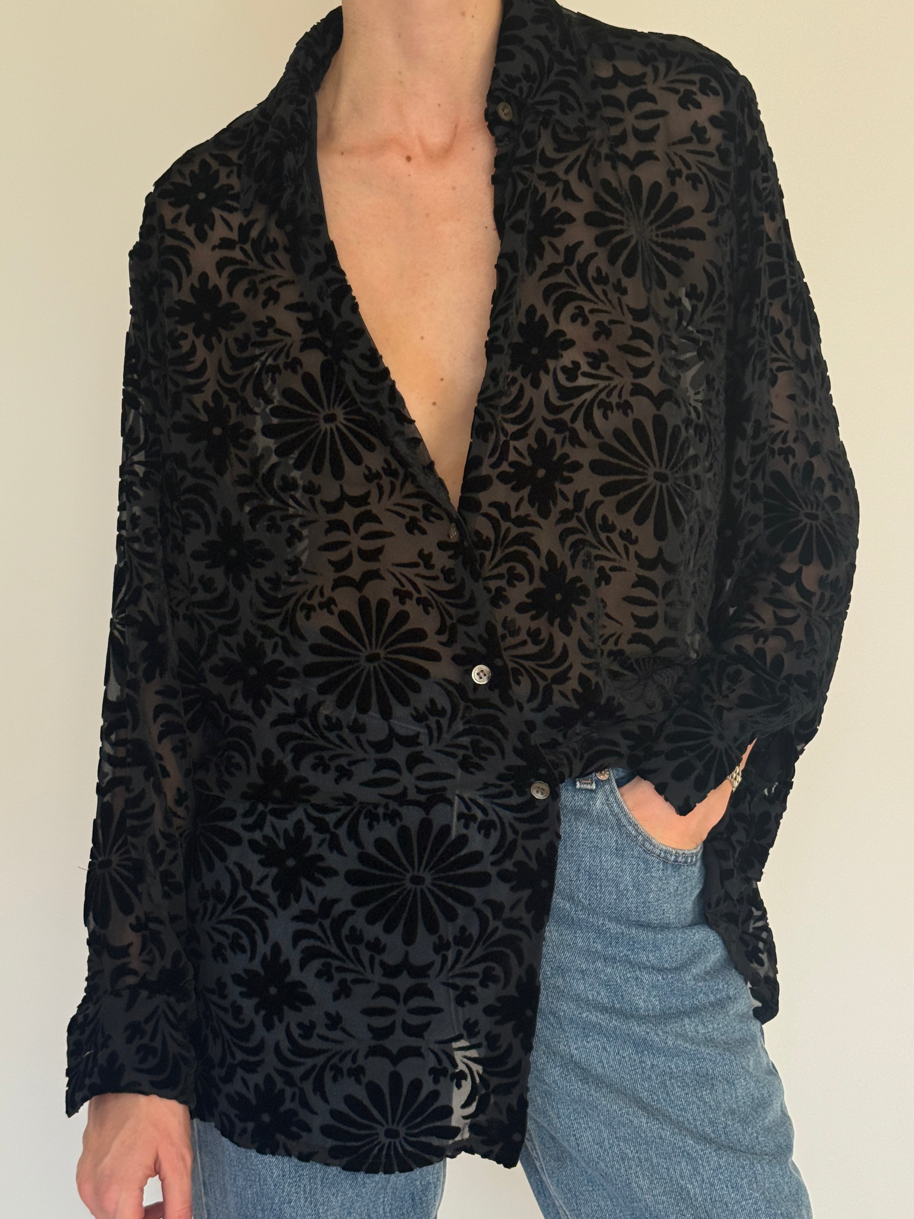 Vintage black sheer burnout floral shirt front view