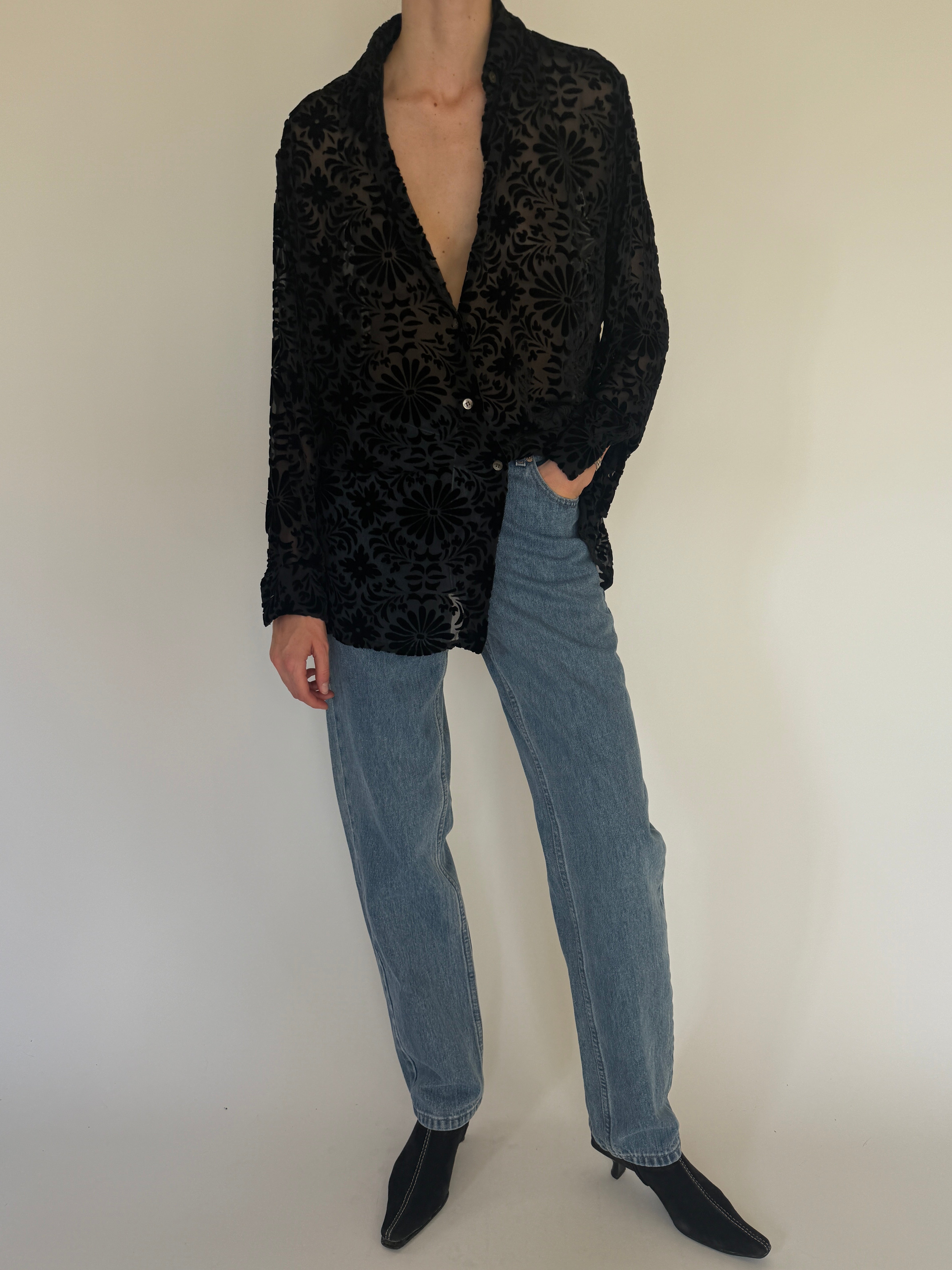 Vintage black sheer burnout floral shirt front view