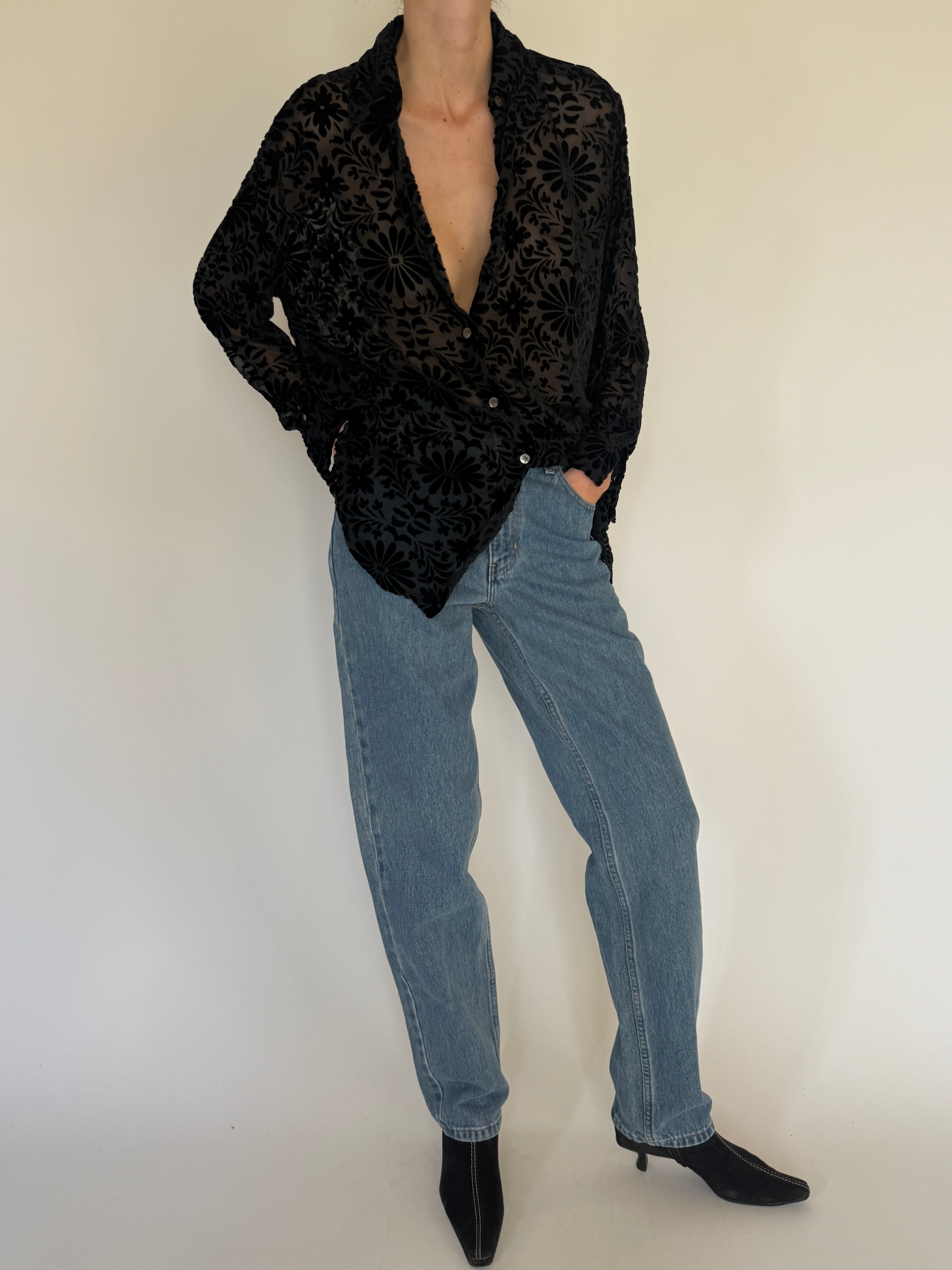Vintage black sheer burnout floral shirt sleeve cuff detail