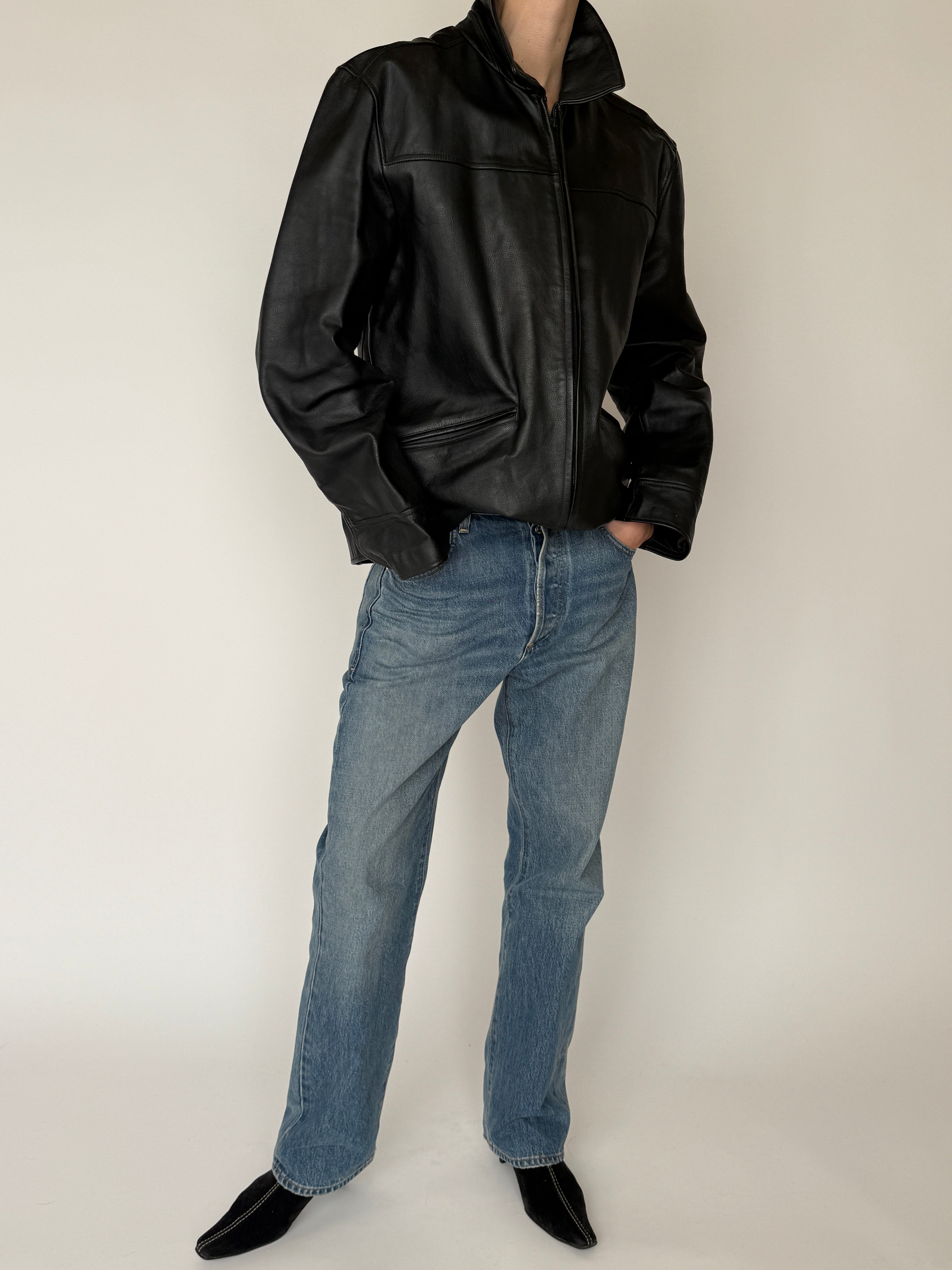 Vintage leather zip jacket black full length view