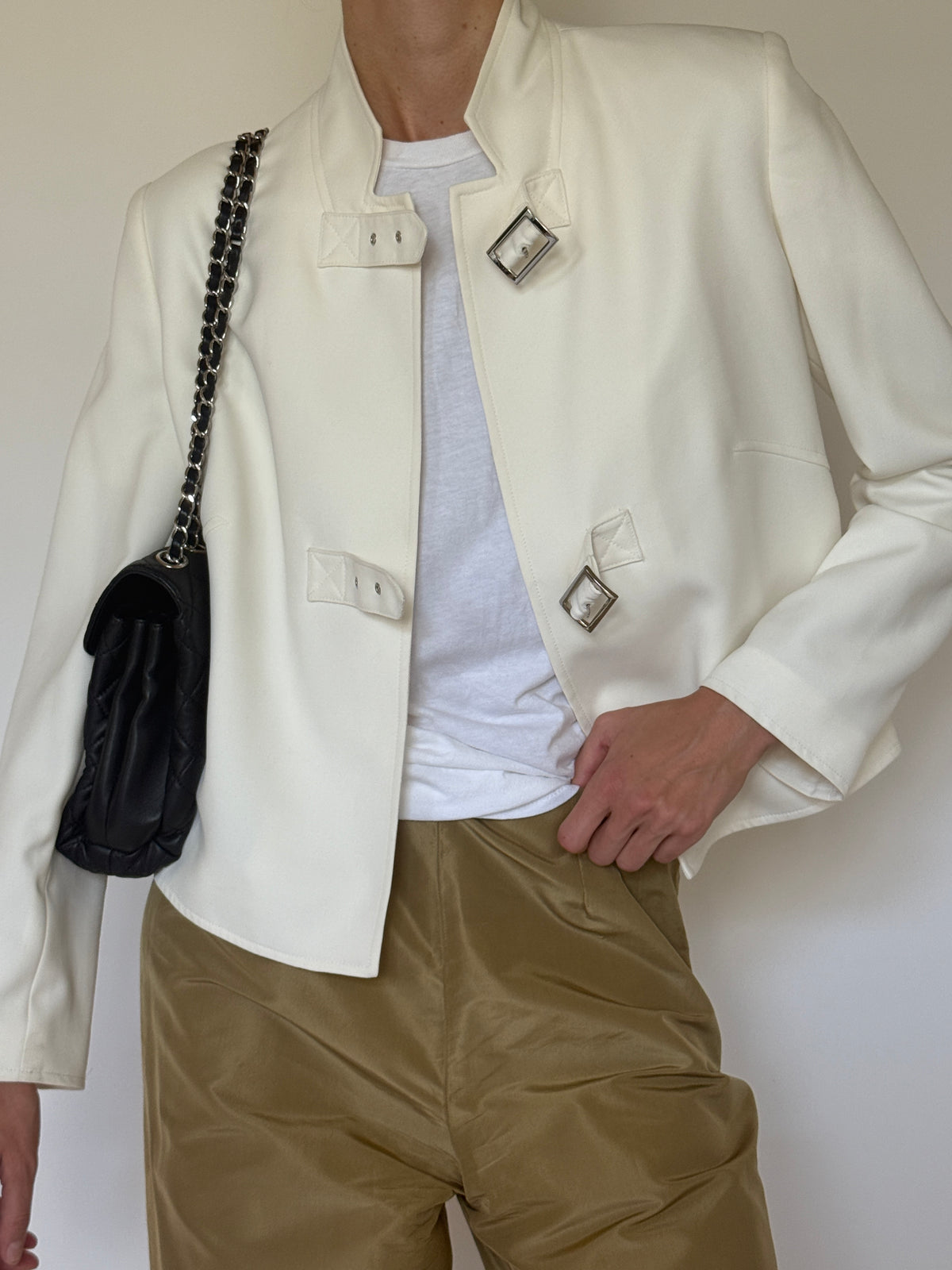 Vintage ivory buckle jacket front view