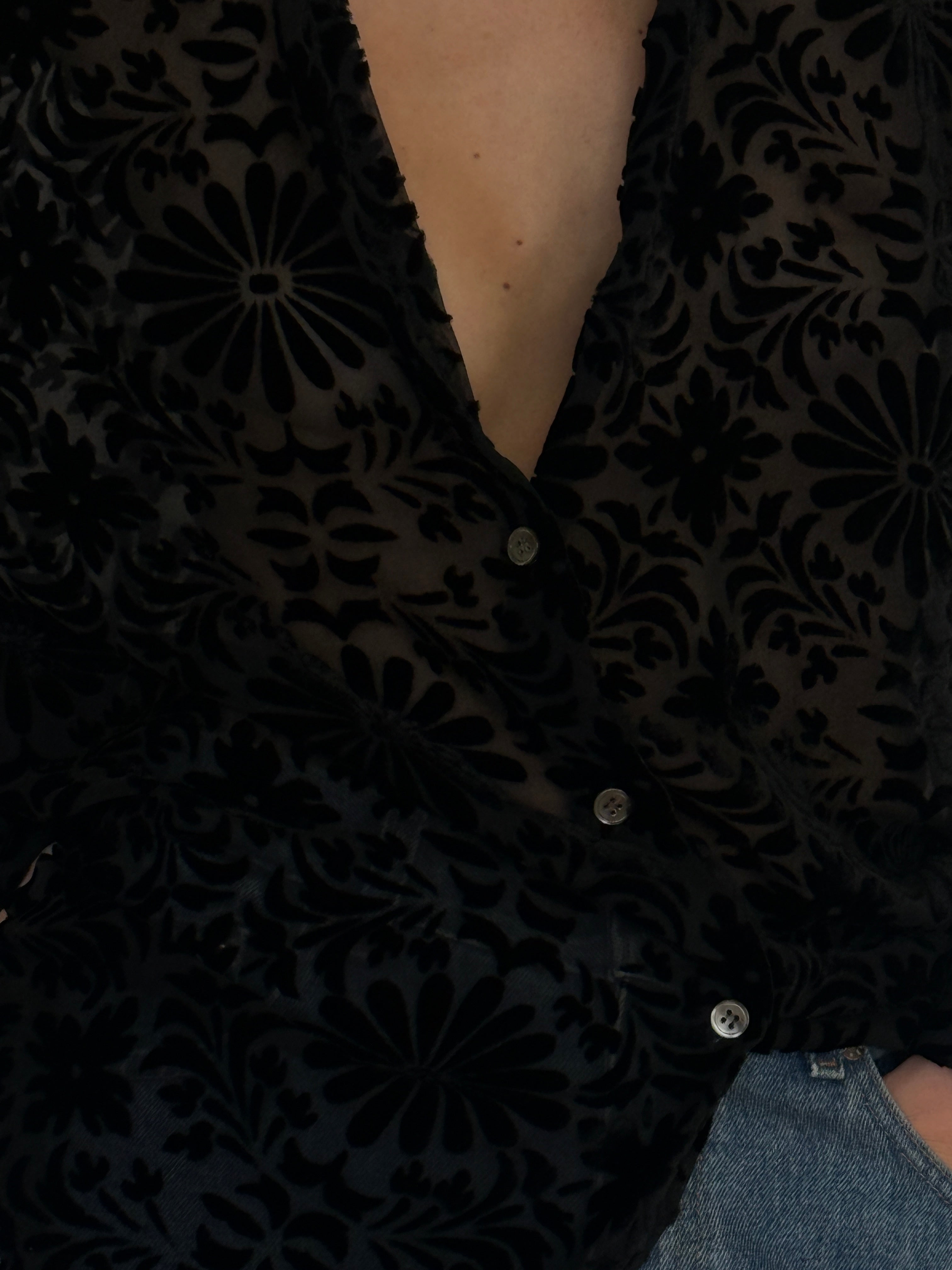 Vintage black sheer burnout floral shirt fabric close-up