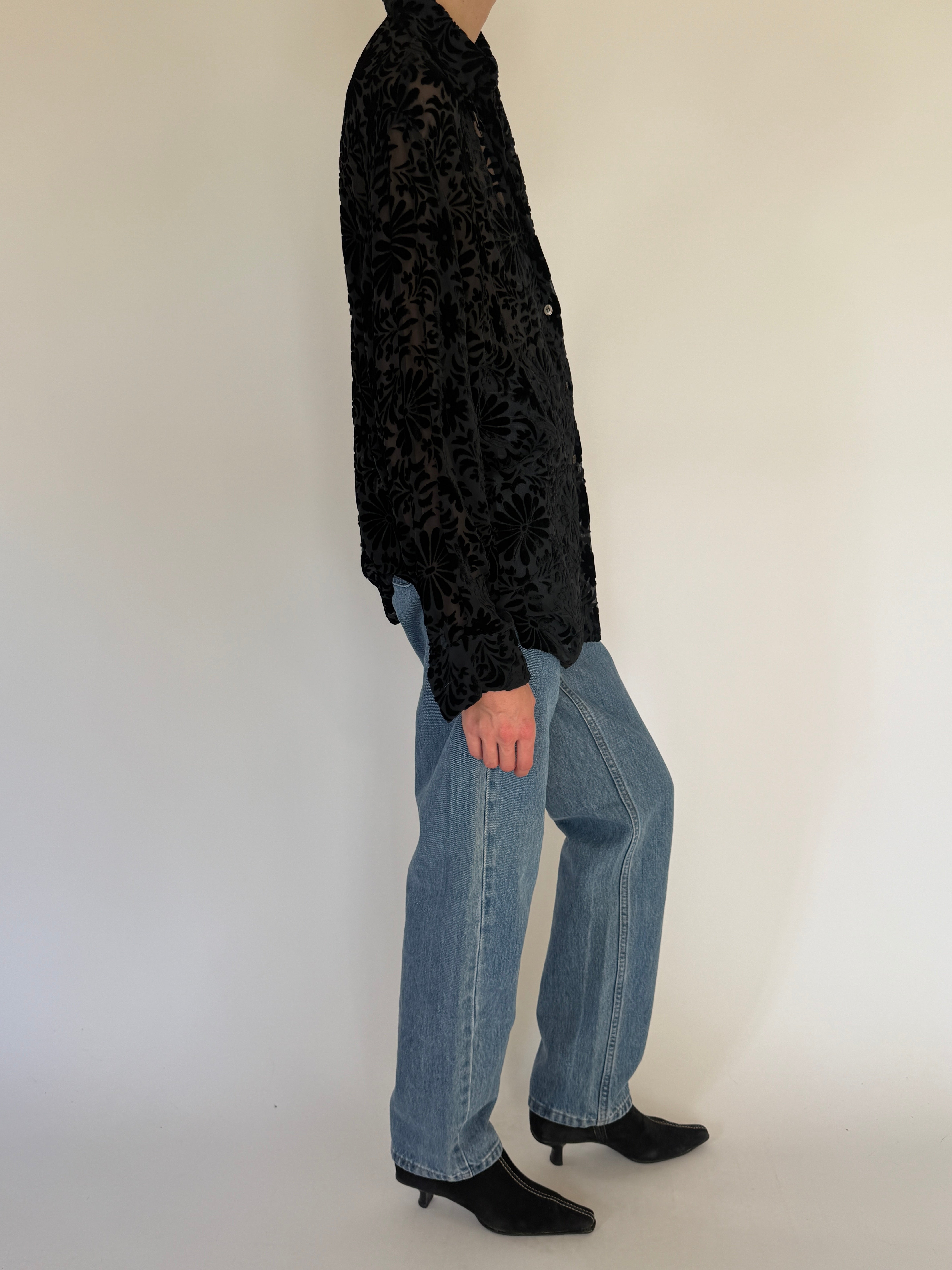 Vintage black sheer burnout floral shirt side view