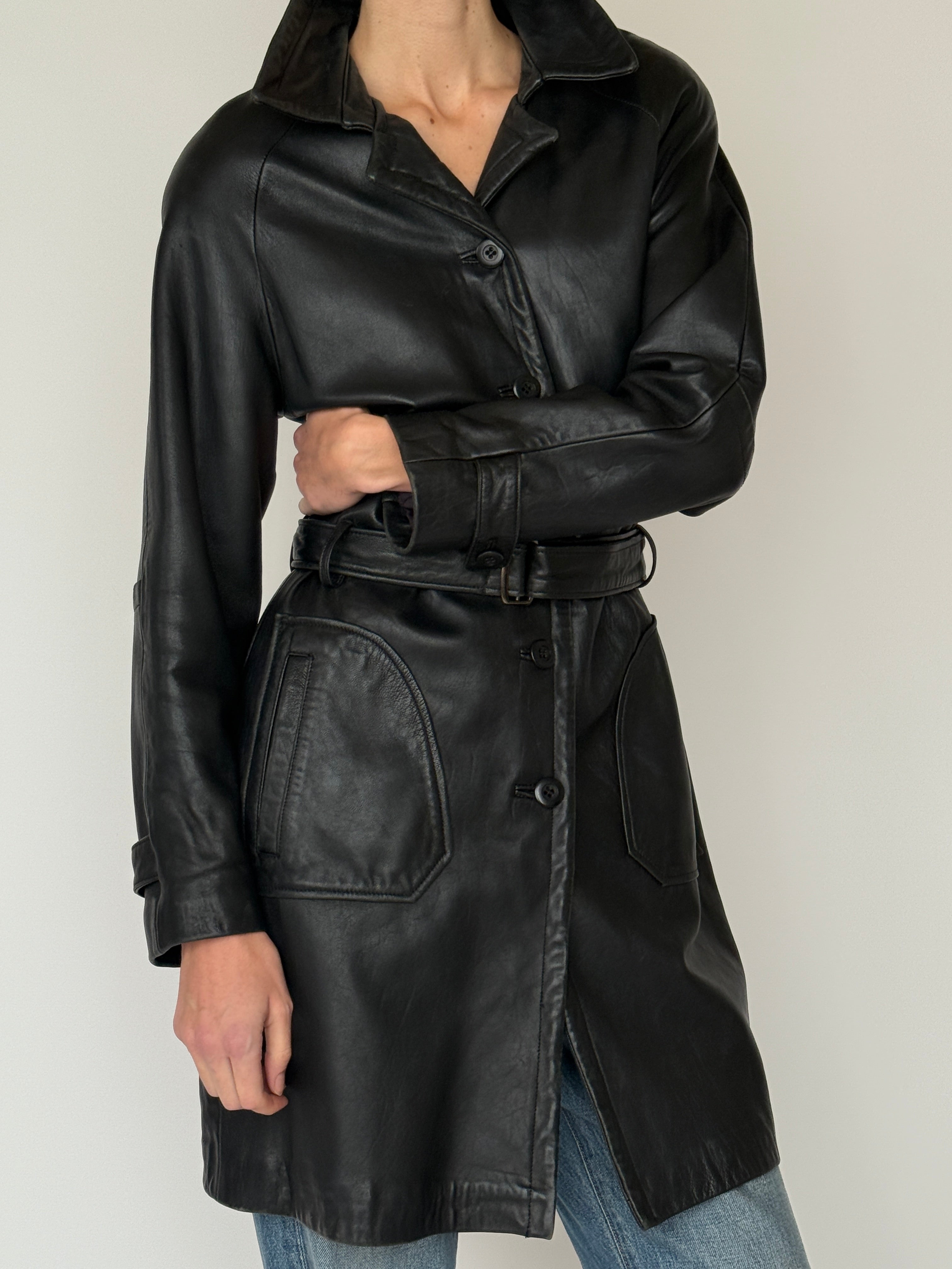 vintage leather trench side view black