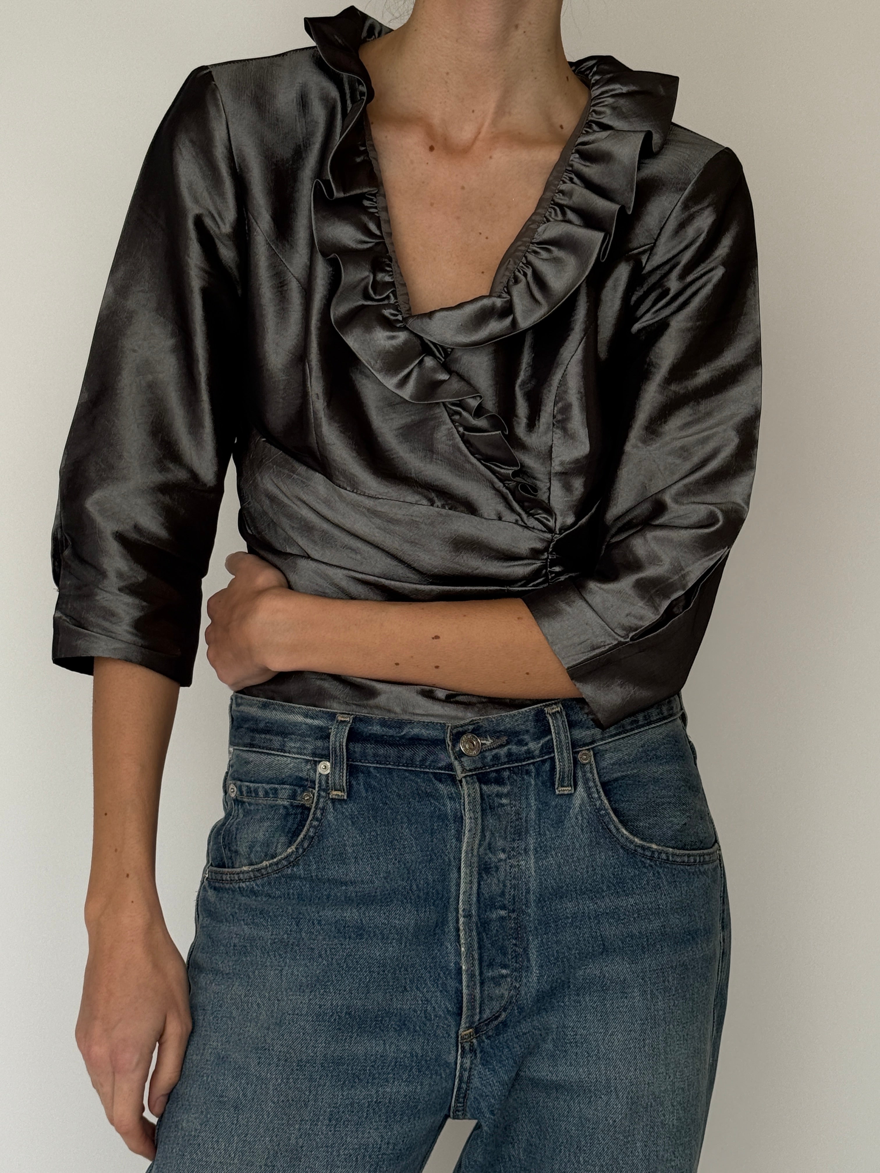 Vintage satin wrap blouse ruffle neckline charcoal
