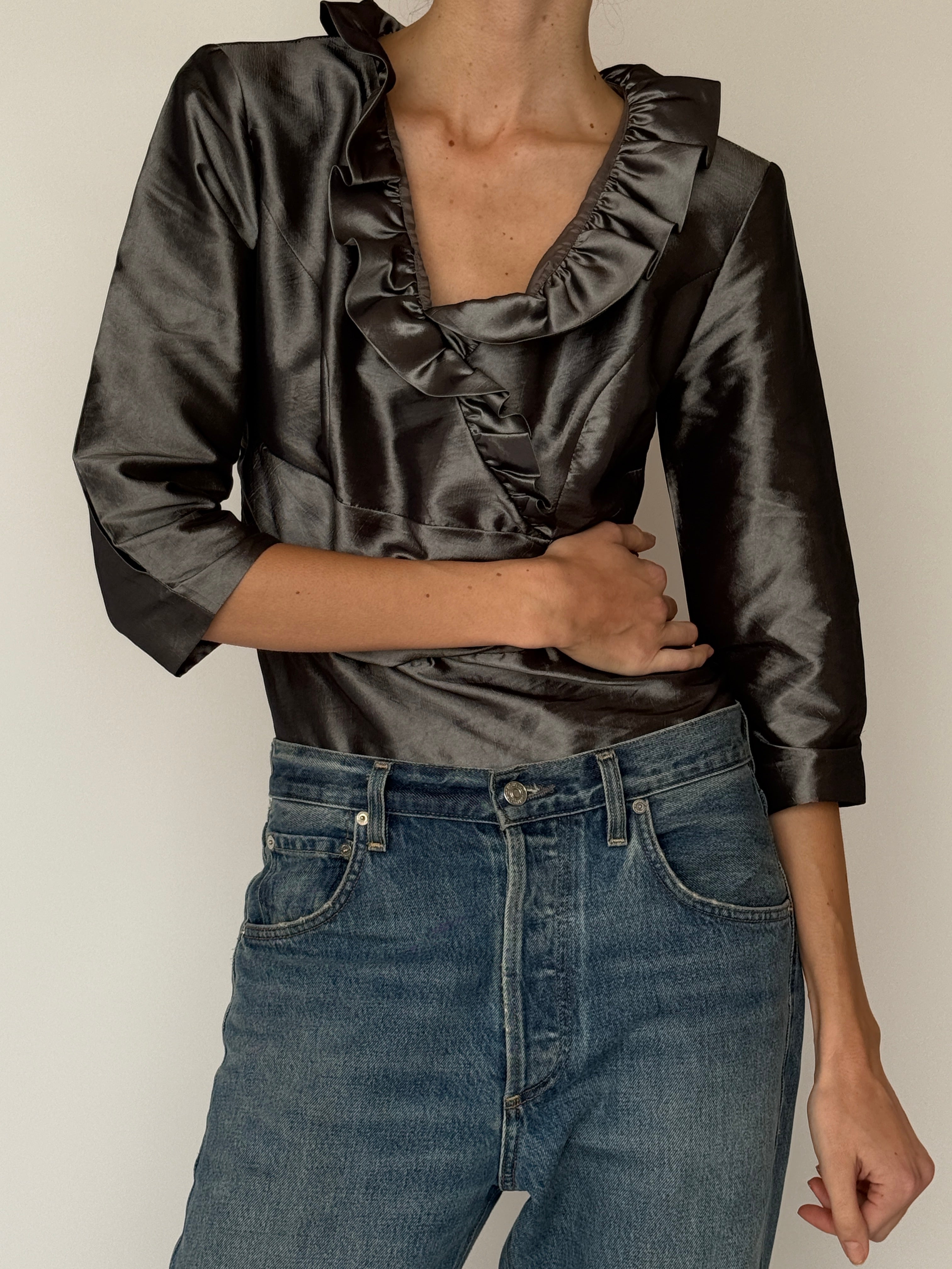 Vintage Ruffle Wrap Satin Blouse Silver 7239