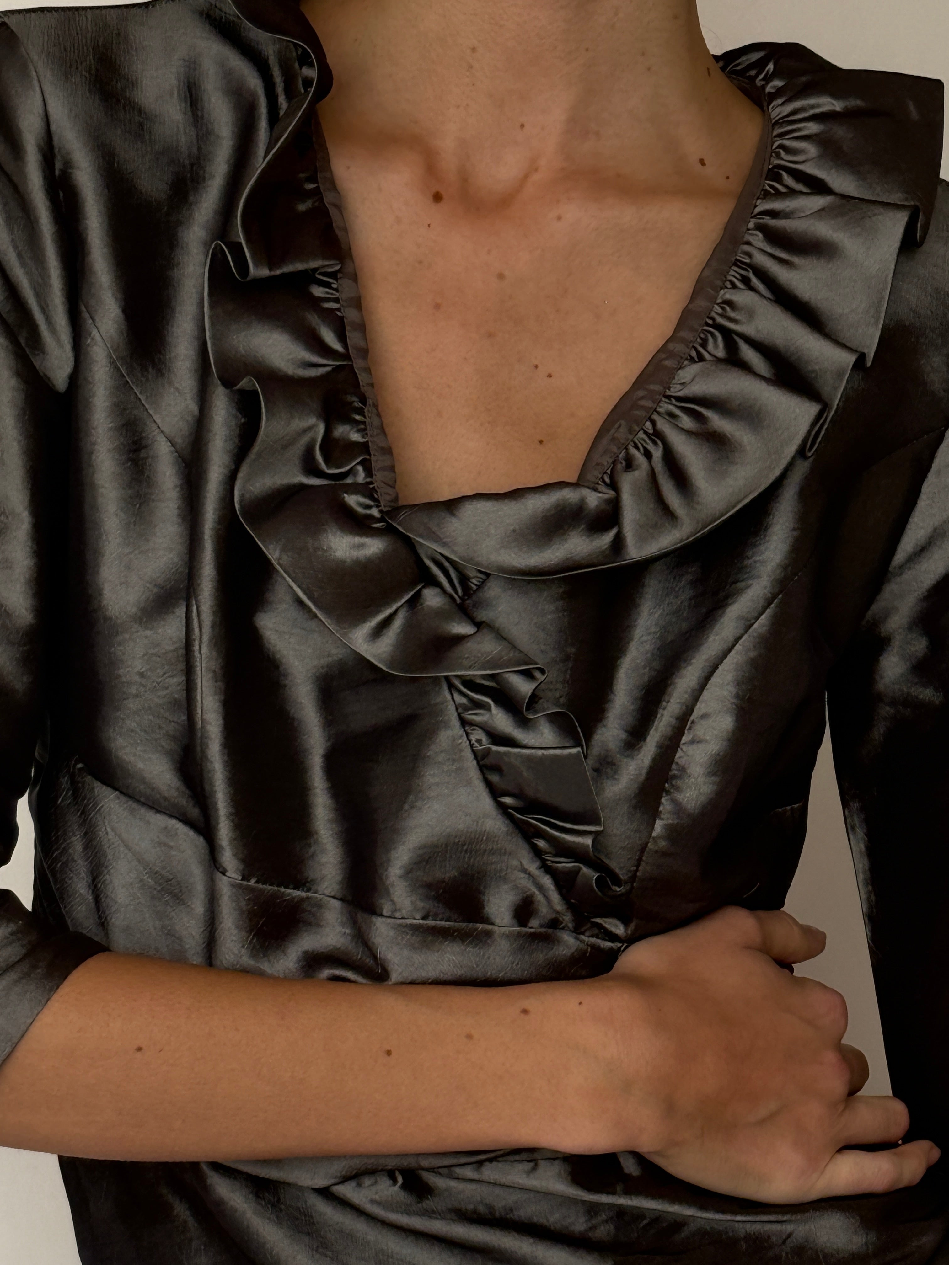 Vintage ruffle wrap satin blouse front view charcoal