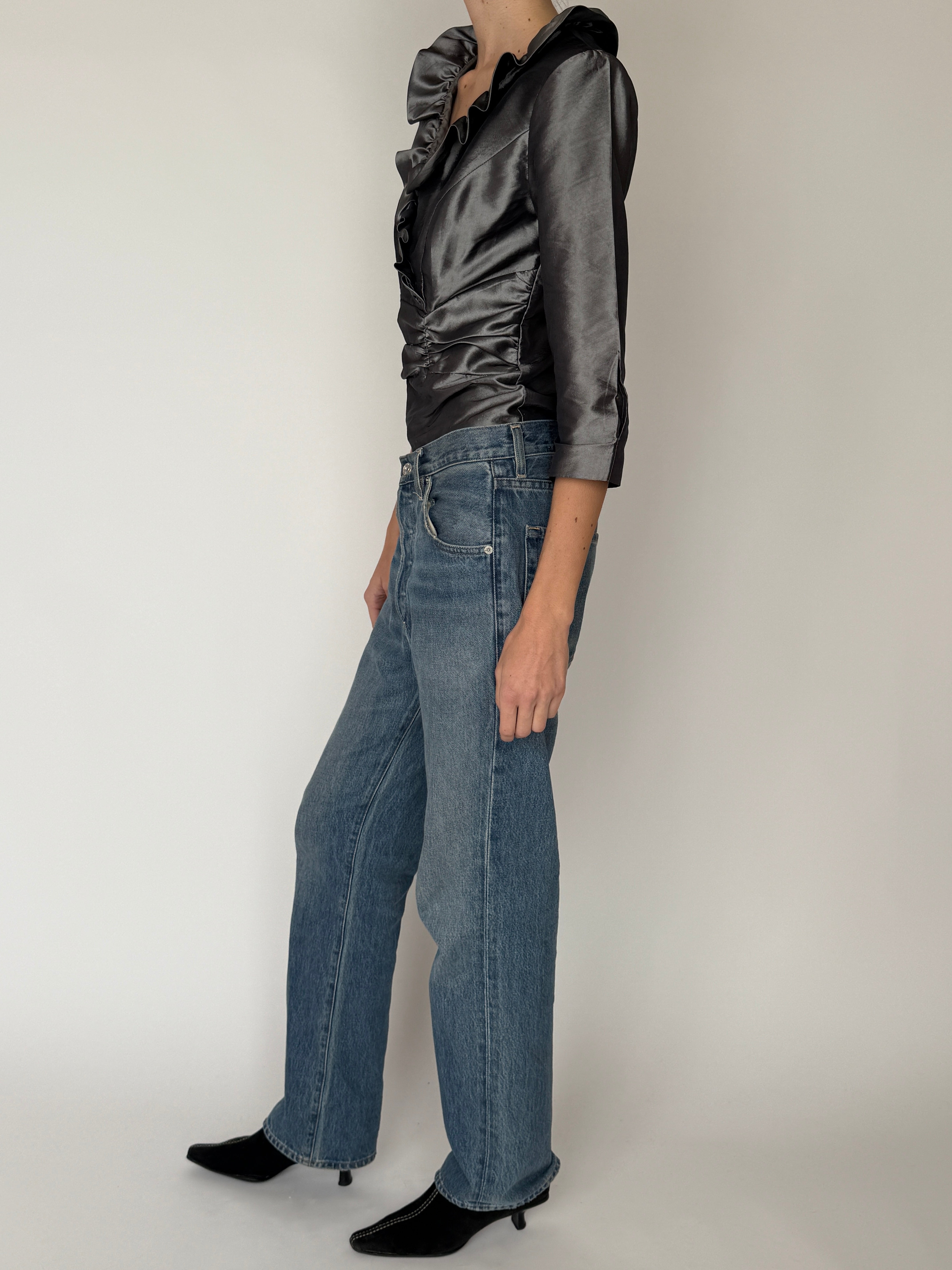 Vintage ruffle wrap blouse side view charcoal