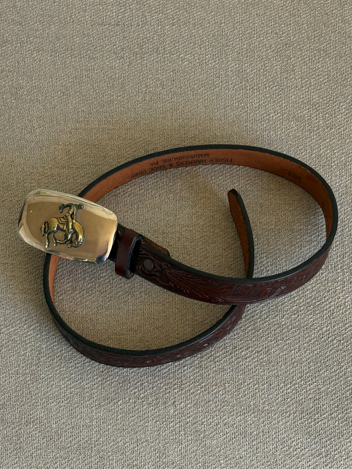 (size XXS-XS Read Measurements!) Vintage Dark Brown Western Leather Belt with Silver Horse Buckle 8188