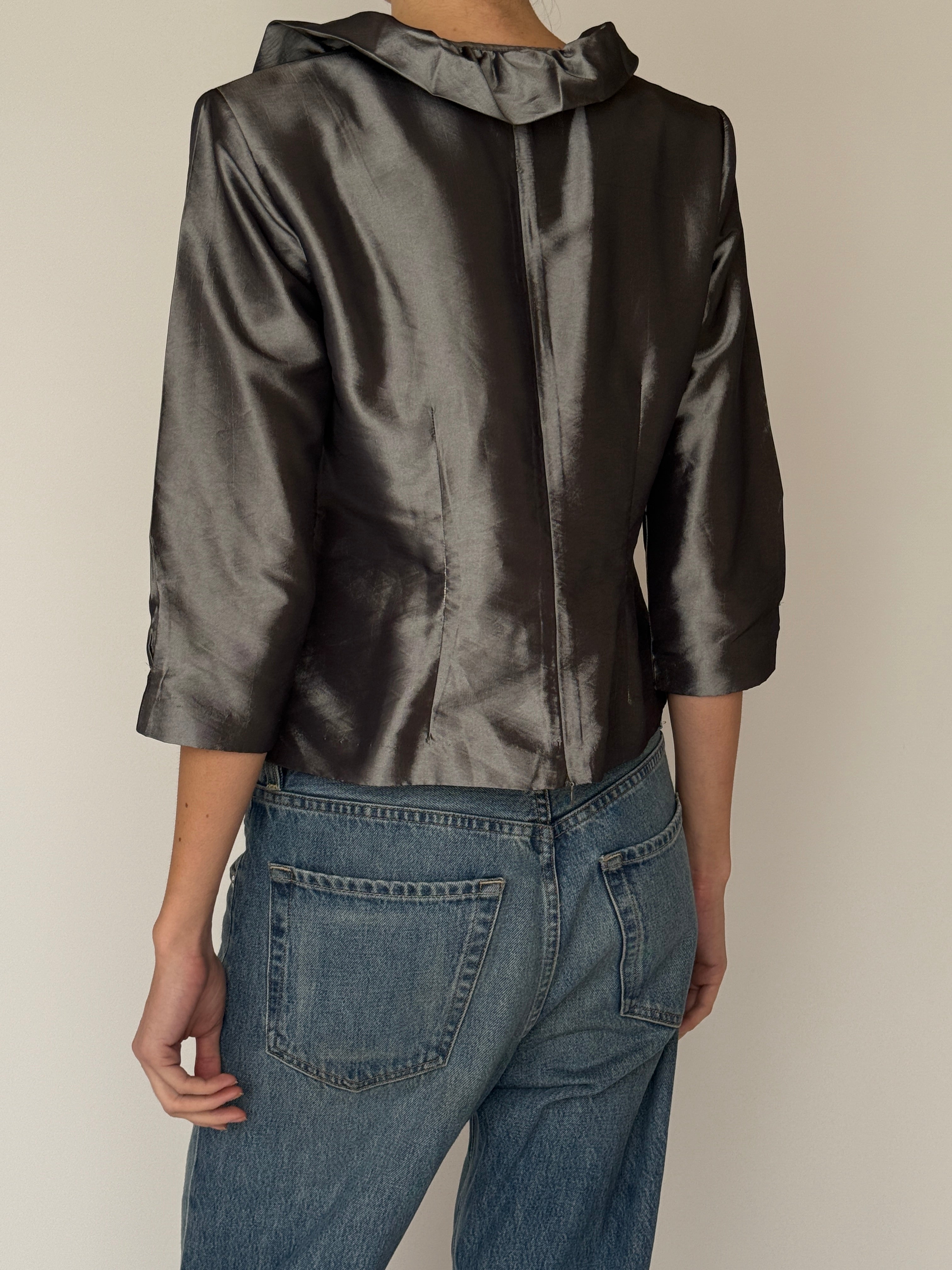 Vintage satin wrap blouse back view charcoal