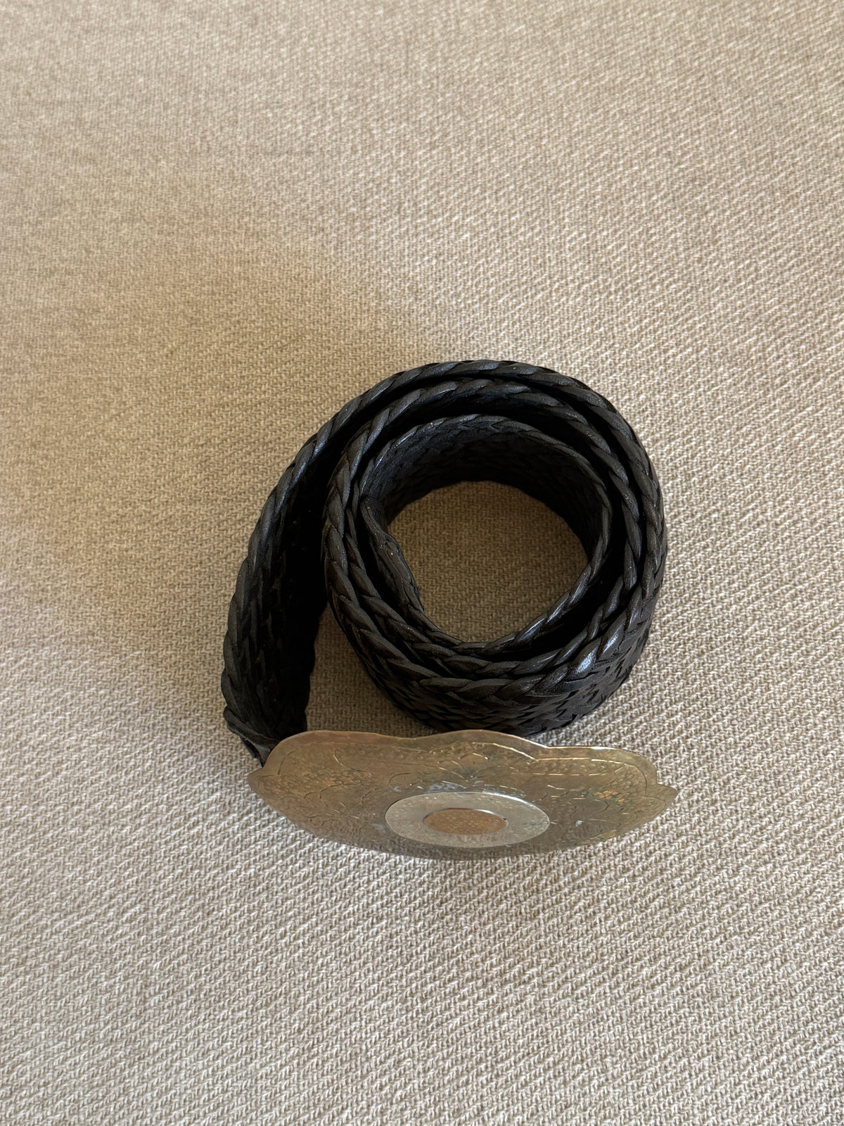 Vintage Black Braided Western Leather Belt with Oversized Buckle 8364