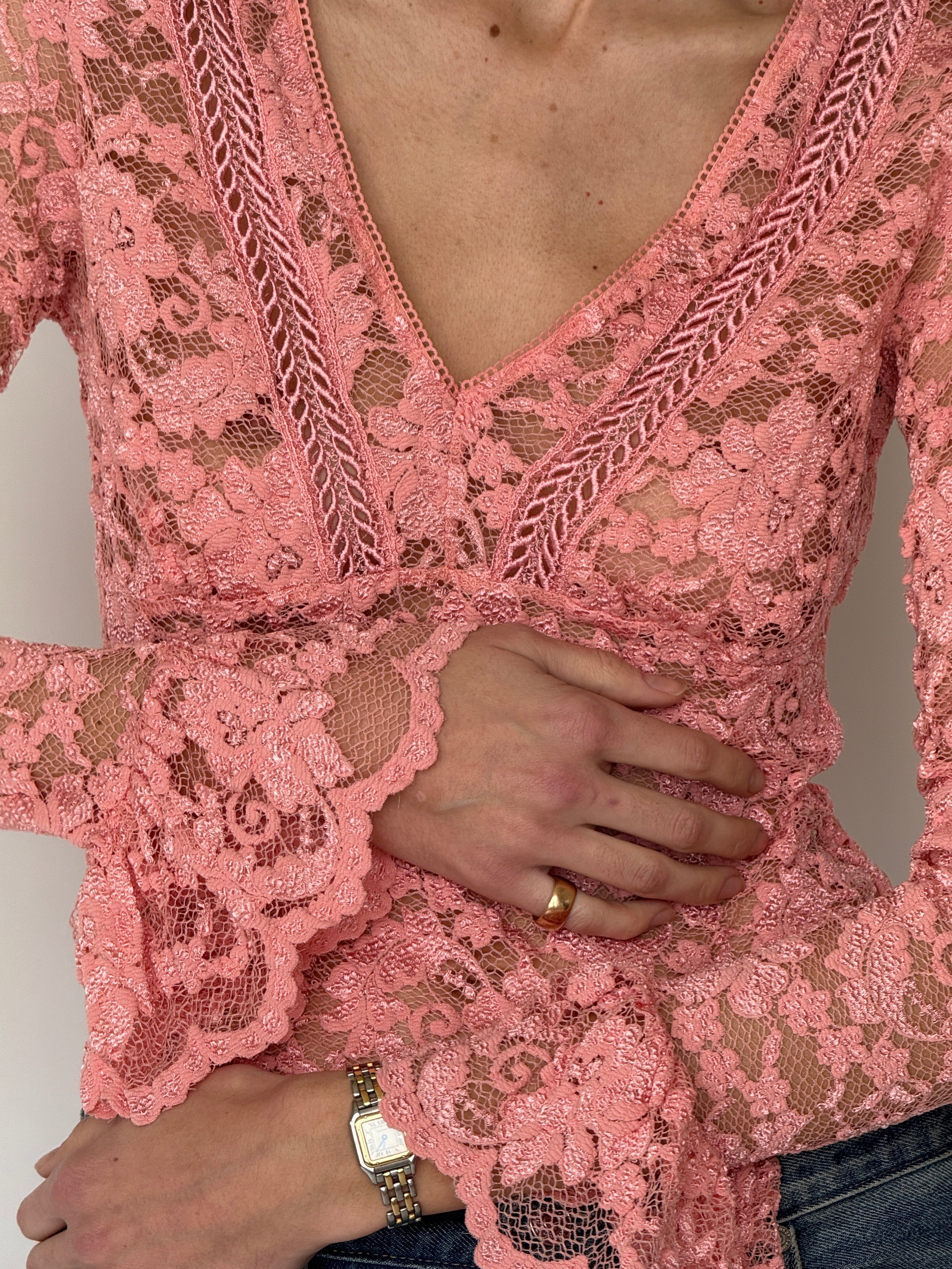 Vintage pink sheer lace top sleeve and cuff detail