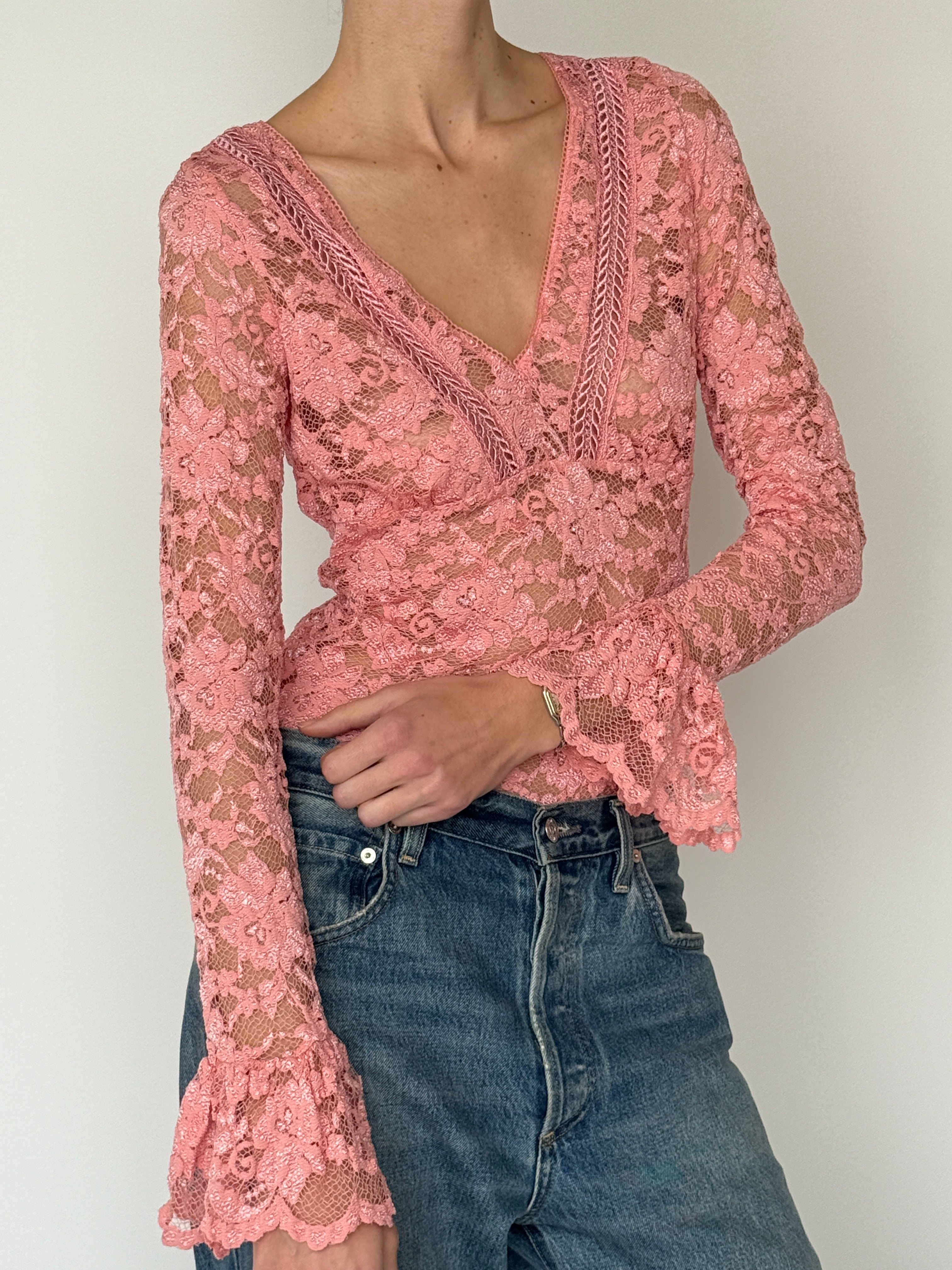 Vintage pink floral lace long sleeve top front view