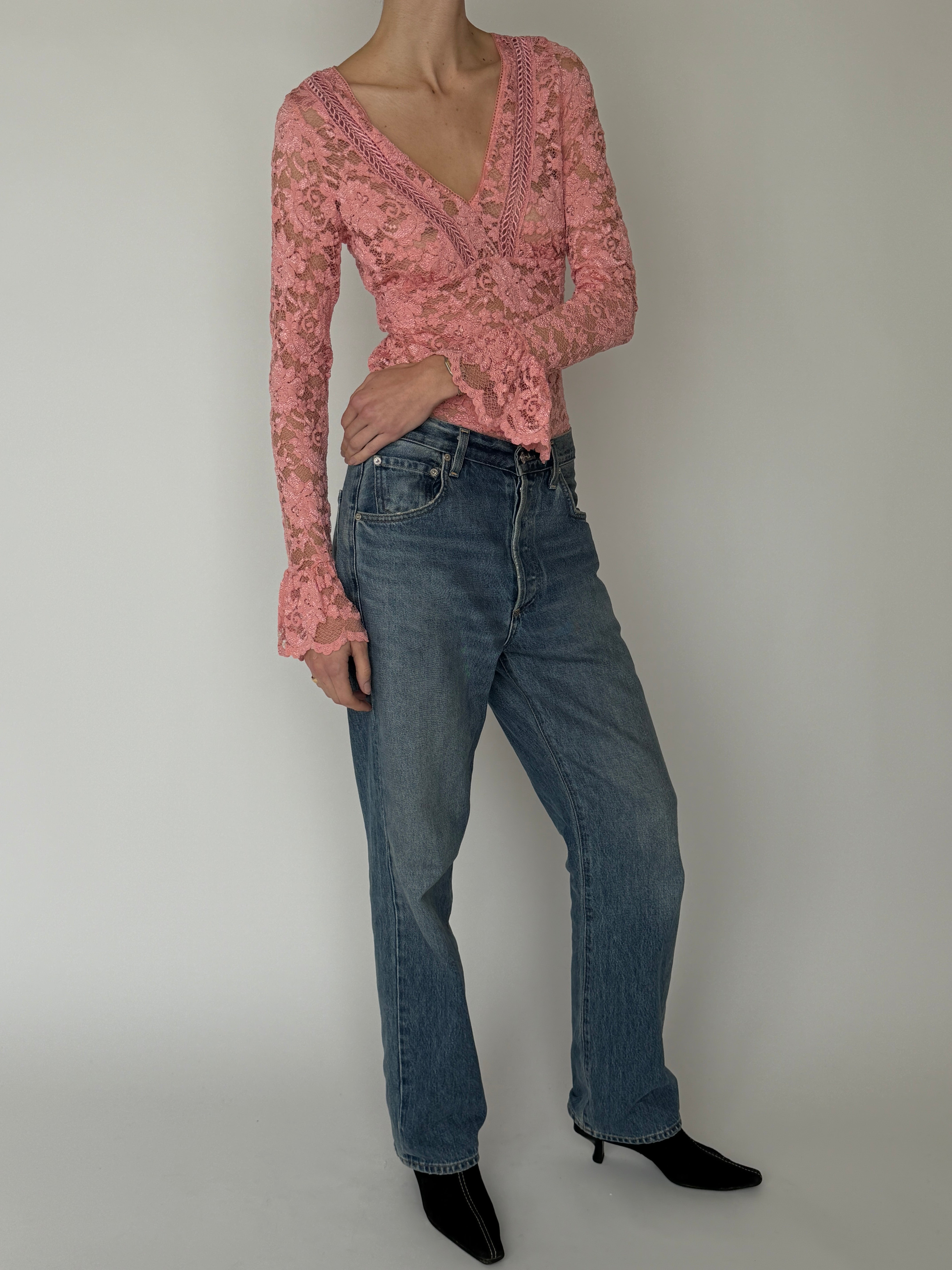 Vintage pink floral lace long sleeve top front view