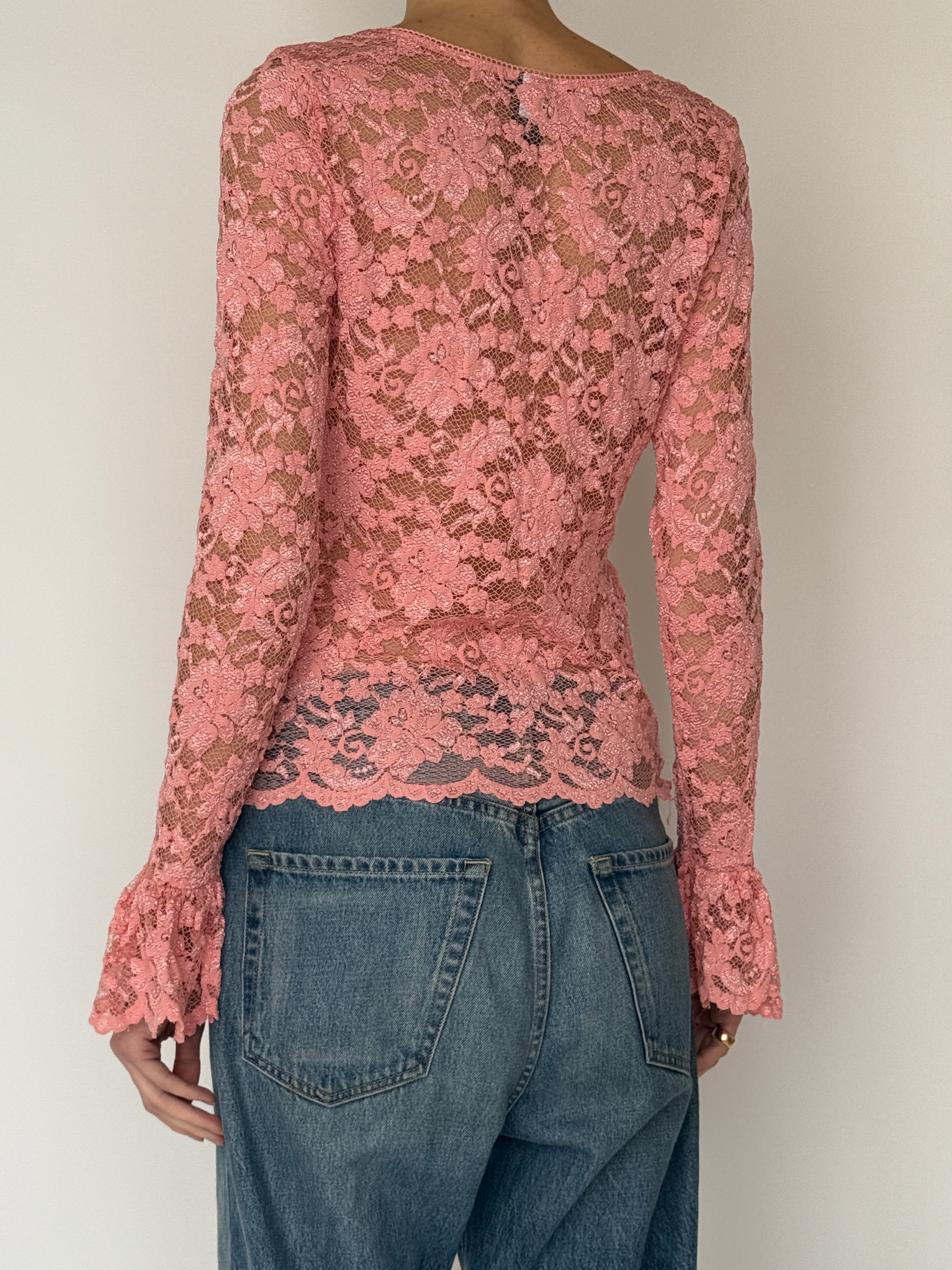 Vintage floral lace top pink back view