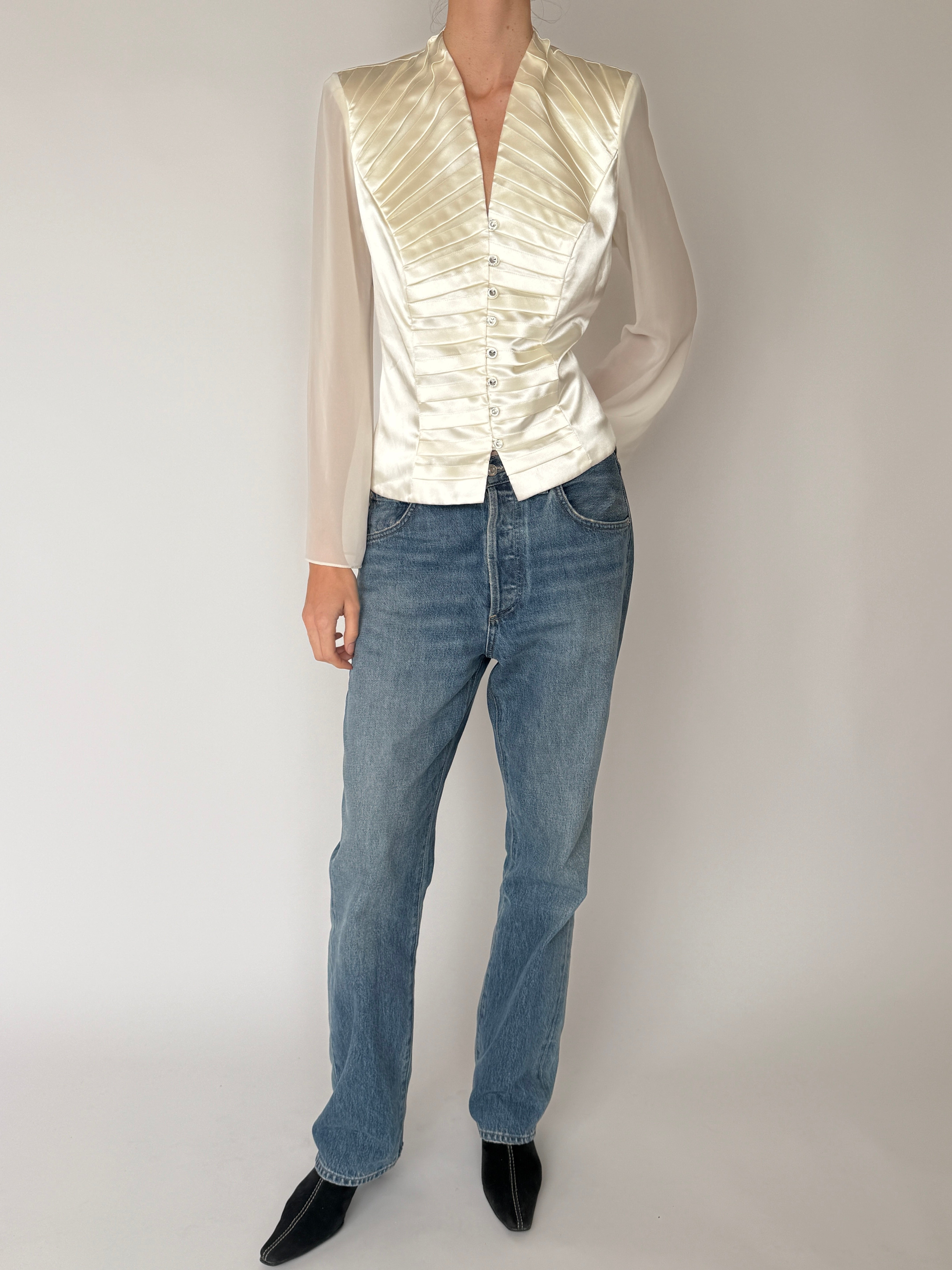 Vintage ivory satin blouse pleated front detail