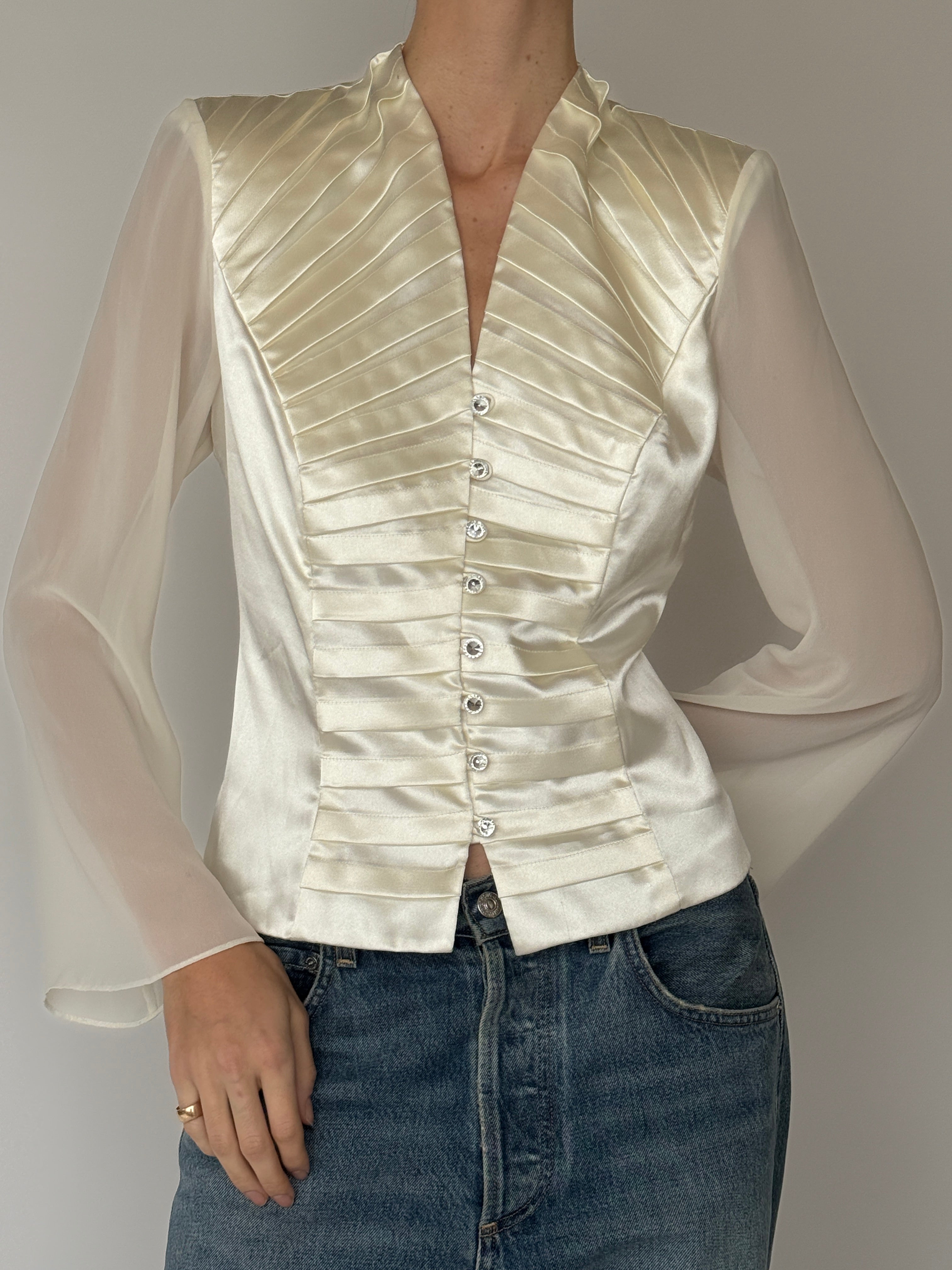 Vintage ivory satin blouse pleated front detail