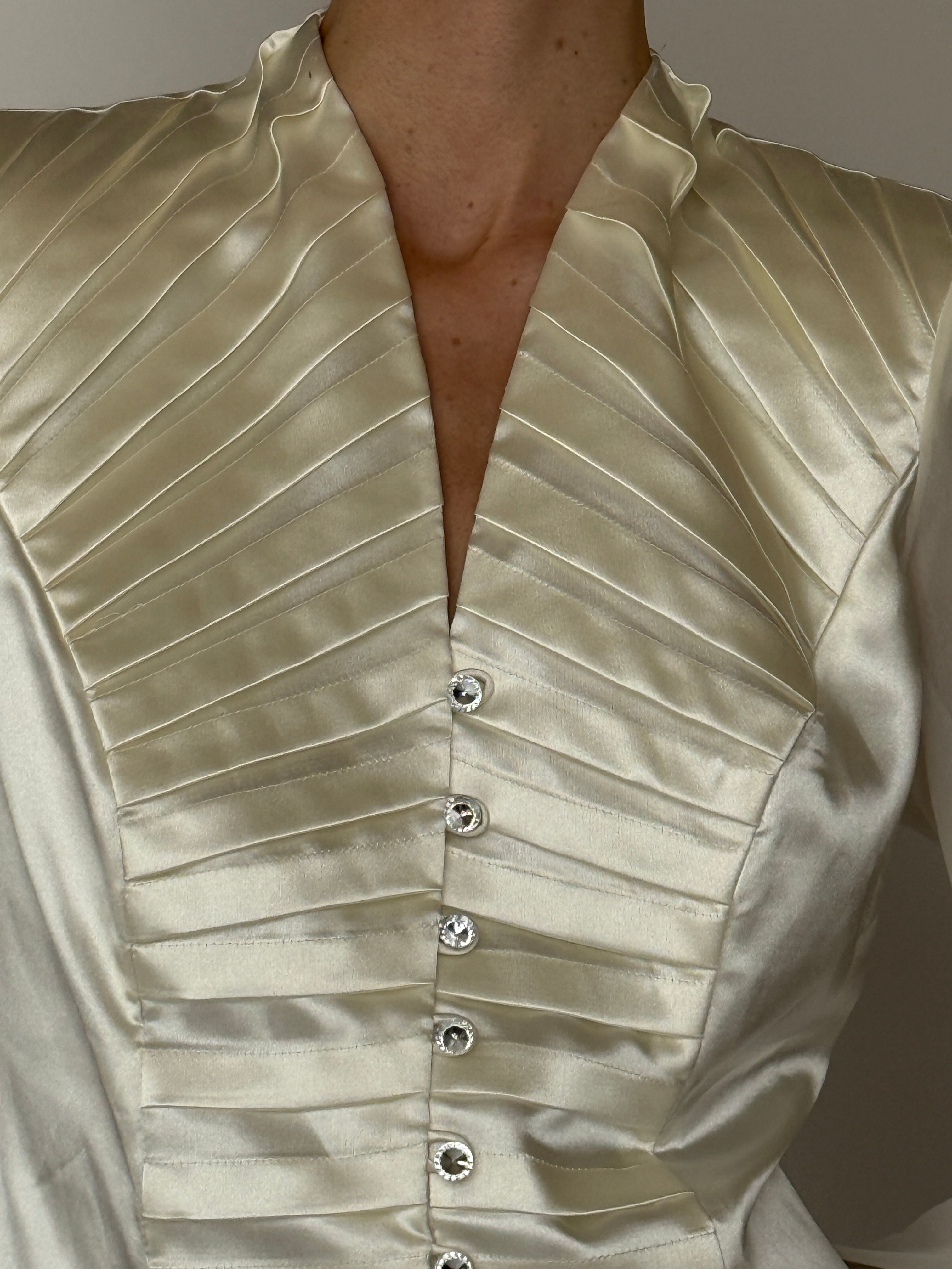 Vintage ivory satin blouse crystal button detail