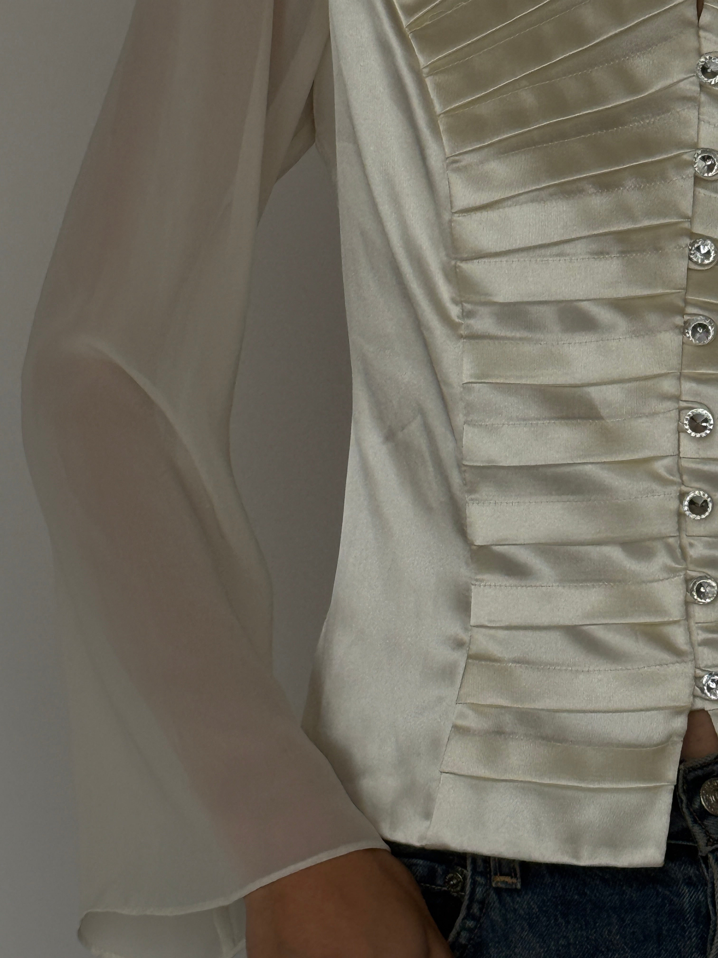 Vintage ivory satin blouse crystal button detail