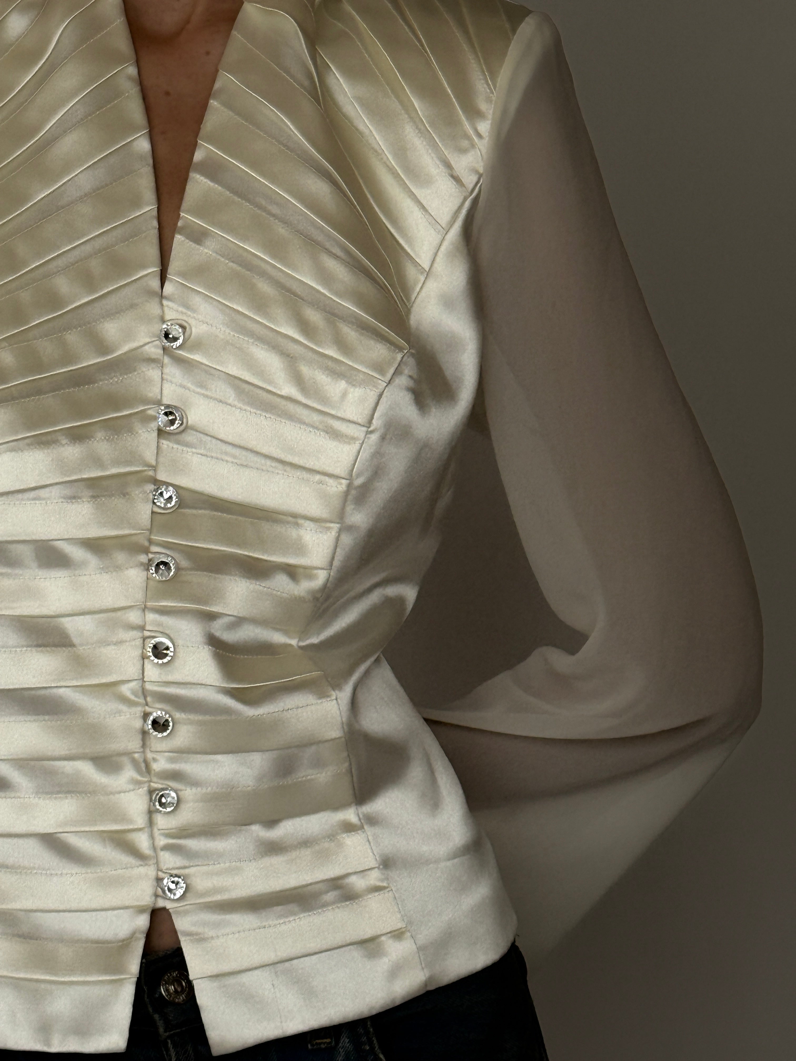 Vintage ivory satin button-front blouse neckline detail