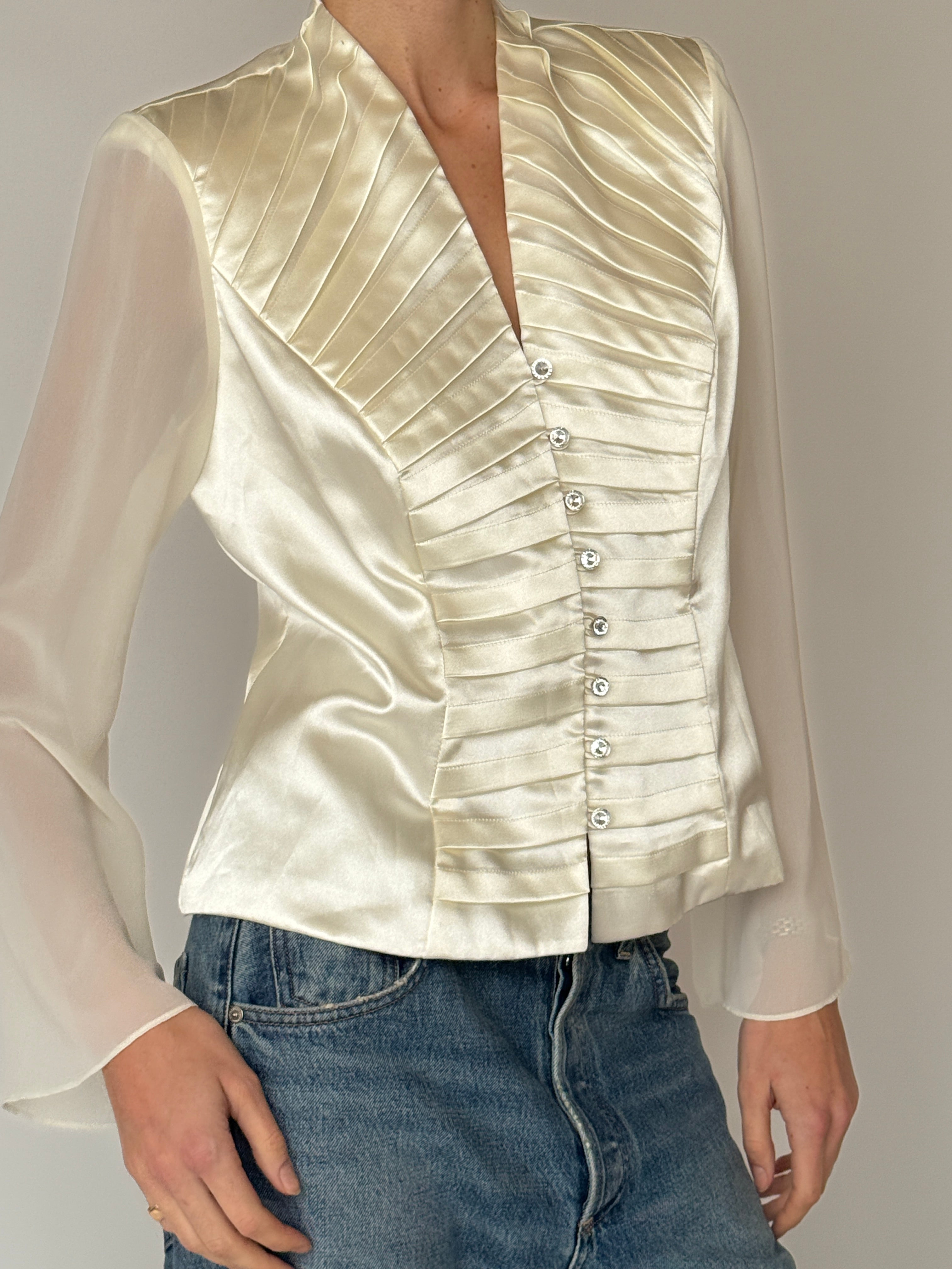 Vintage ivory satin blouse pleated front detail