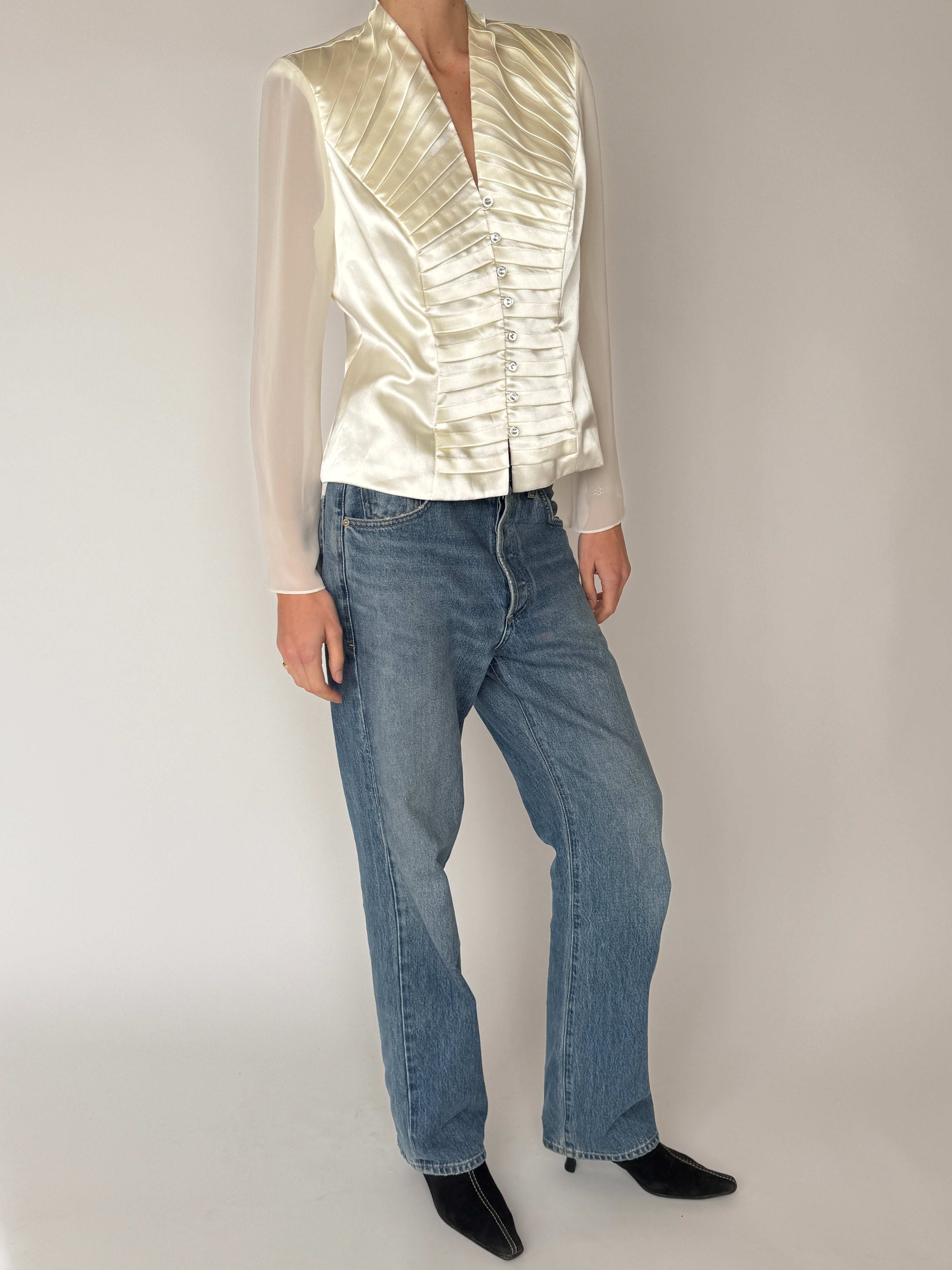Vintage ivory satin pleated blouse front view
