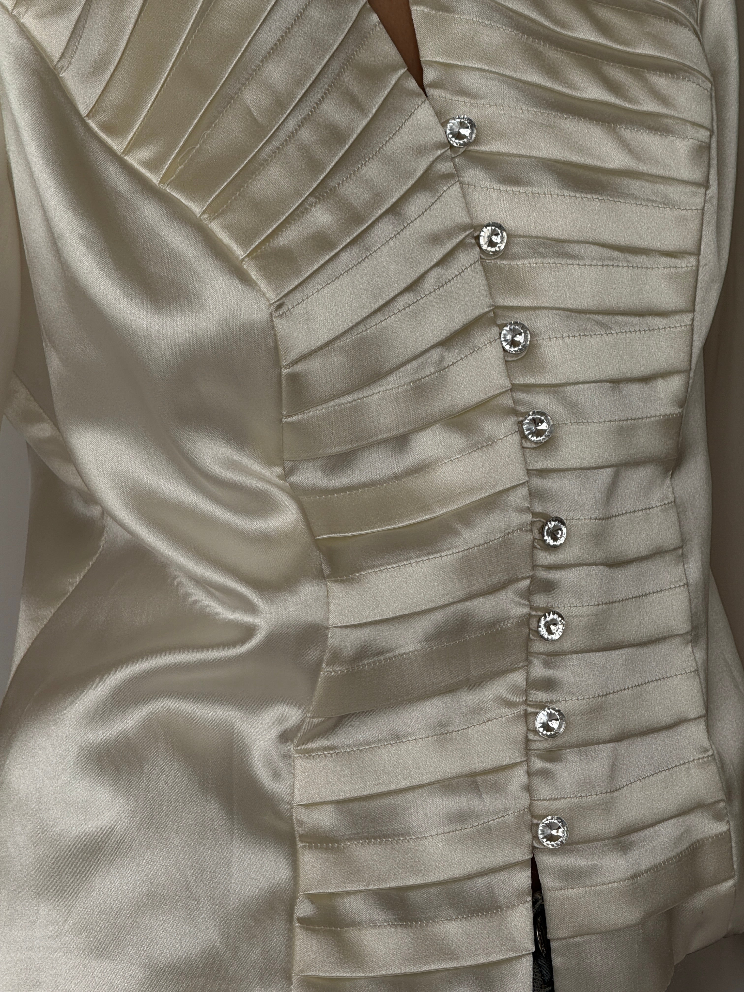 Vintage ivory satin button-front blouse neckline detail