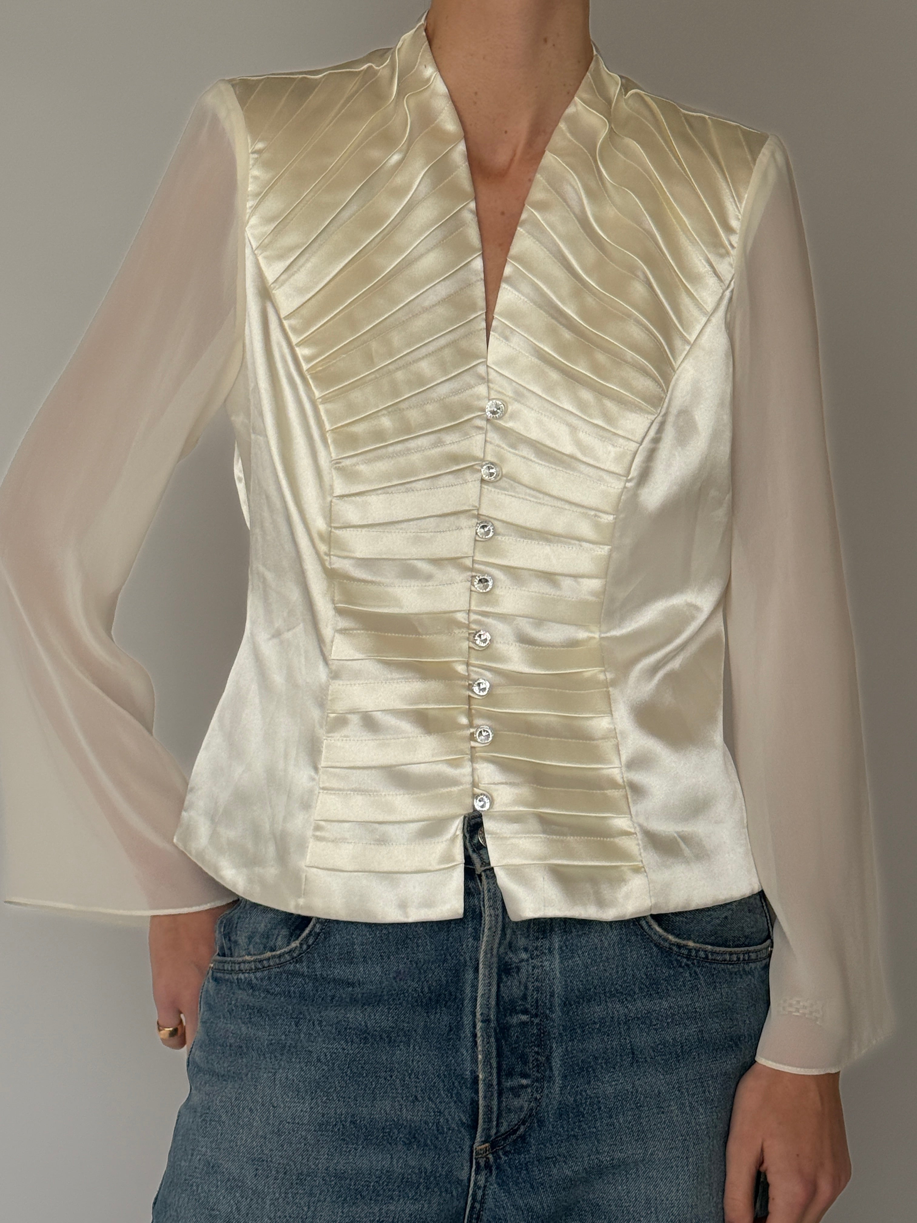 Vintage ivory satin pleated blouse front view