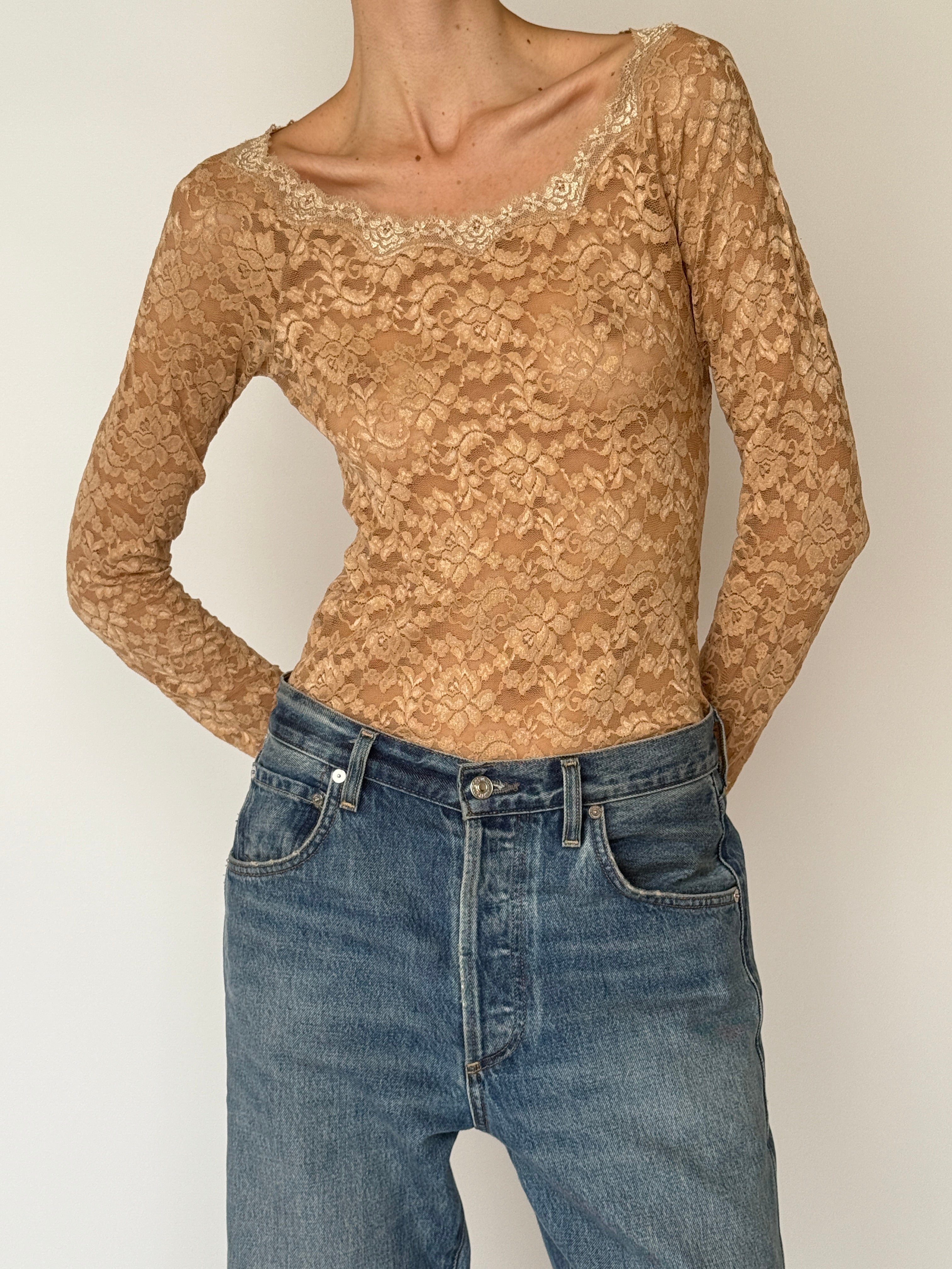 Vintage lace long sleeve top beige fitted silhouette