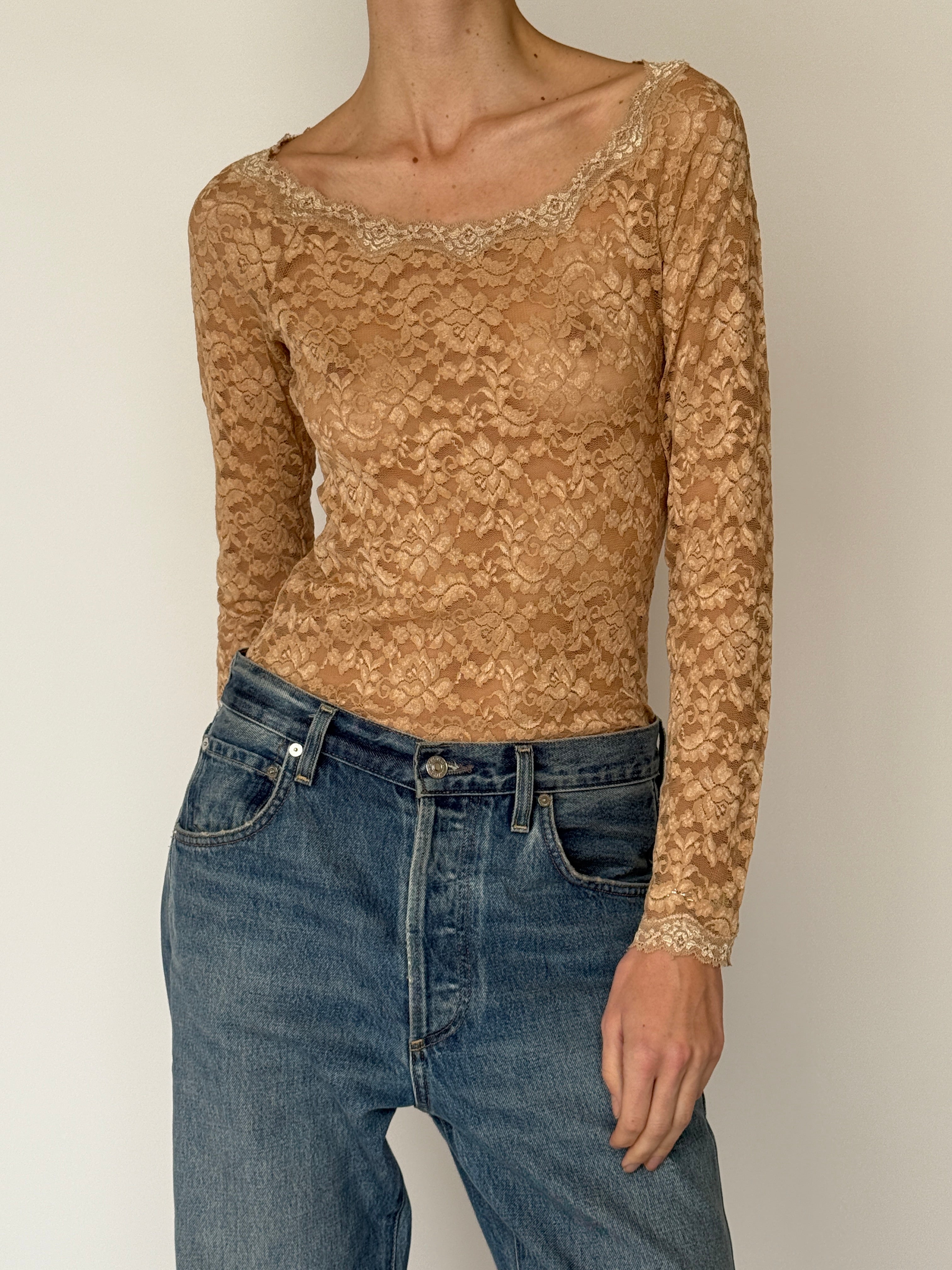 Vintage sheer floral lace long sleeve top beige front view
