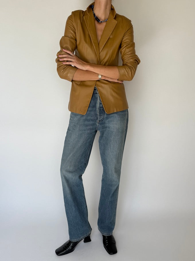 Vintage leather blazer jacket beige 6346