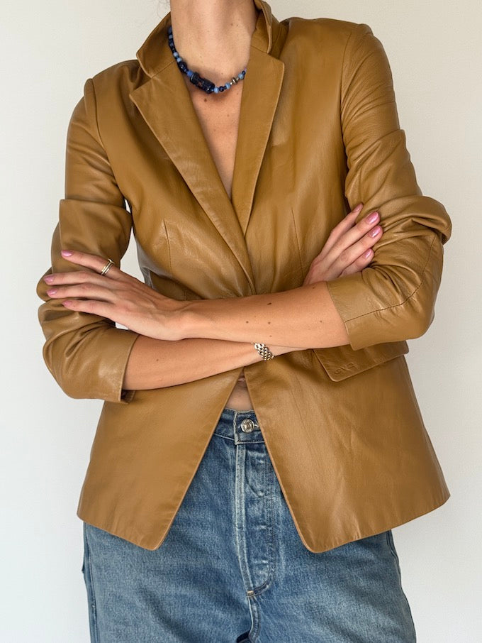 Vintage leather blazer jacket beige 6346