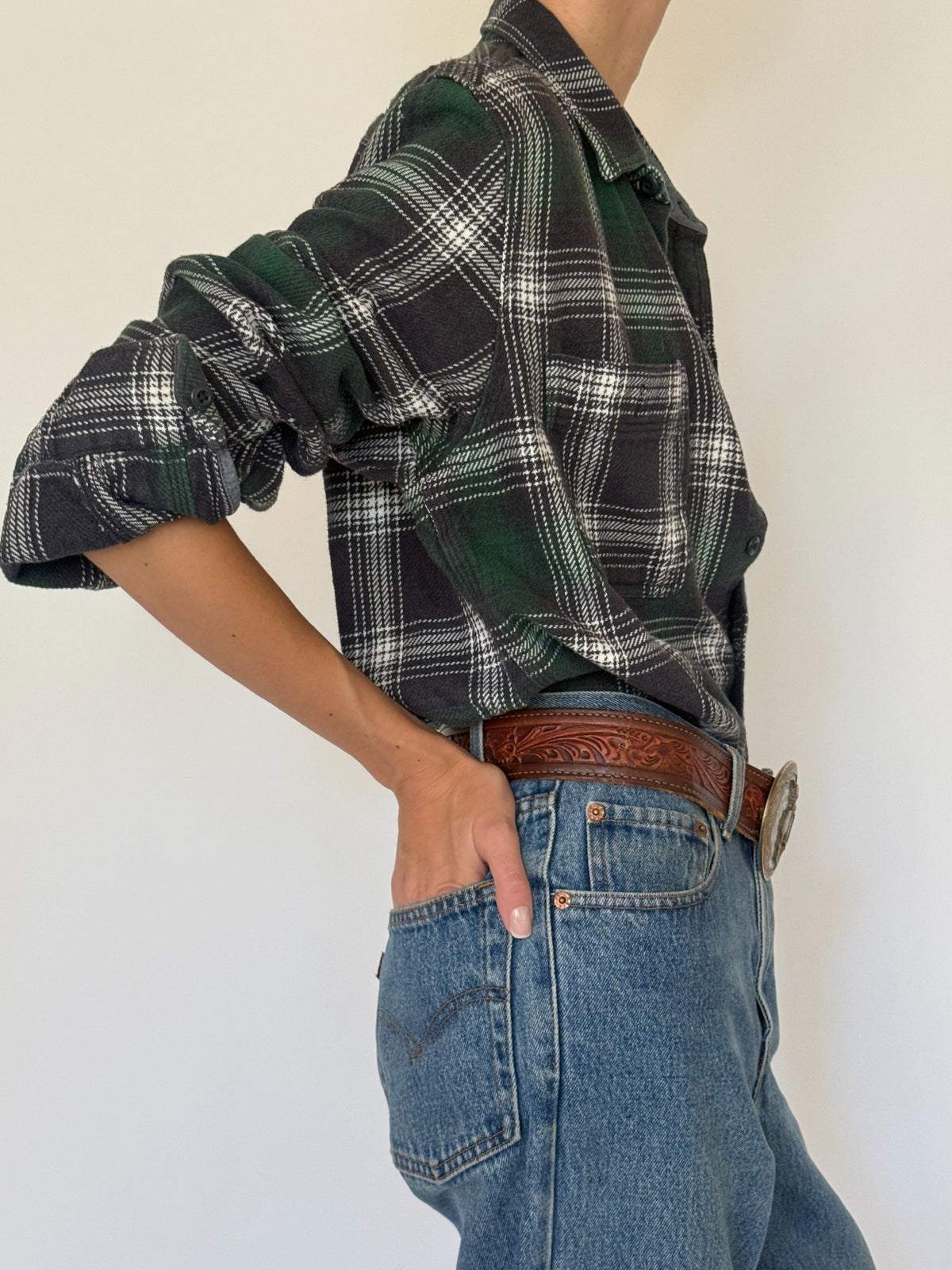 Vintage forest green plaid flannel shirt