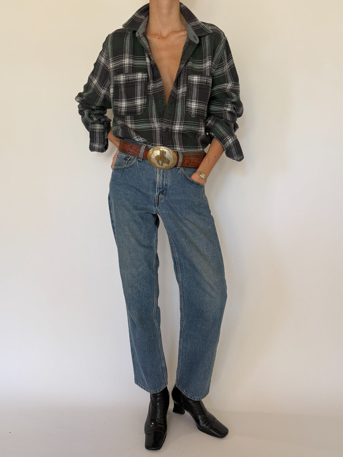 Vintage forest green plaid flannel shirt