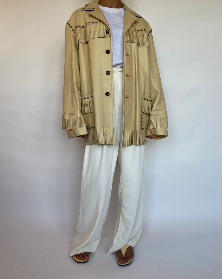VINTAGE LIGHT BEIGE FRINGE LEATHER JACKET 126