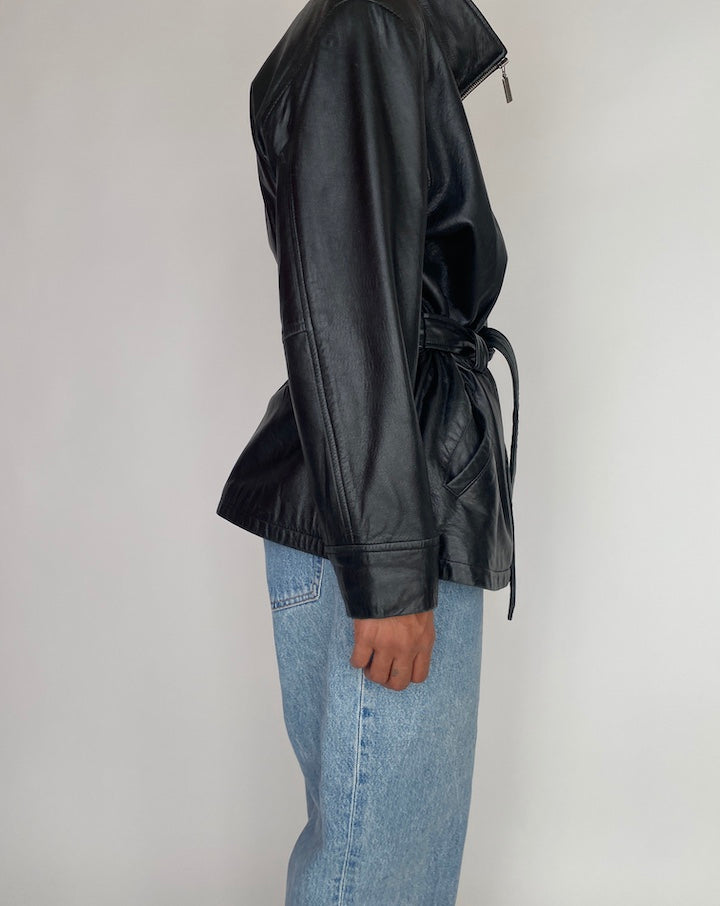 VINTAGE BLACK SHORT TRENCH LEATHER JACKET 2962