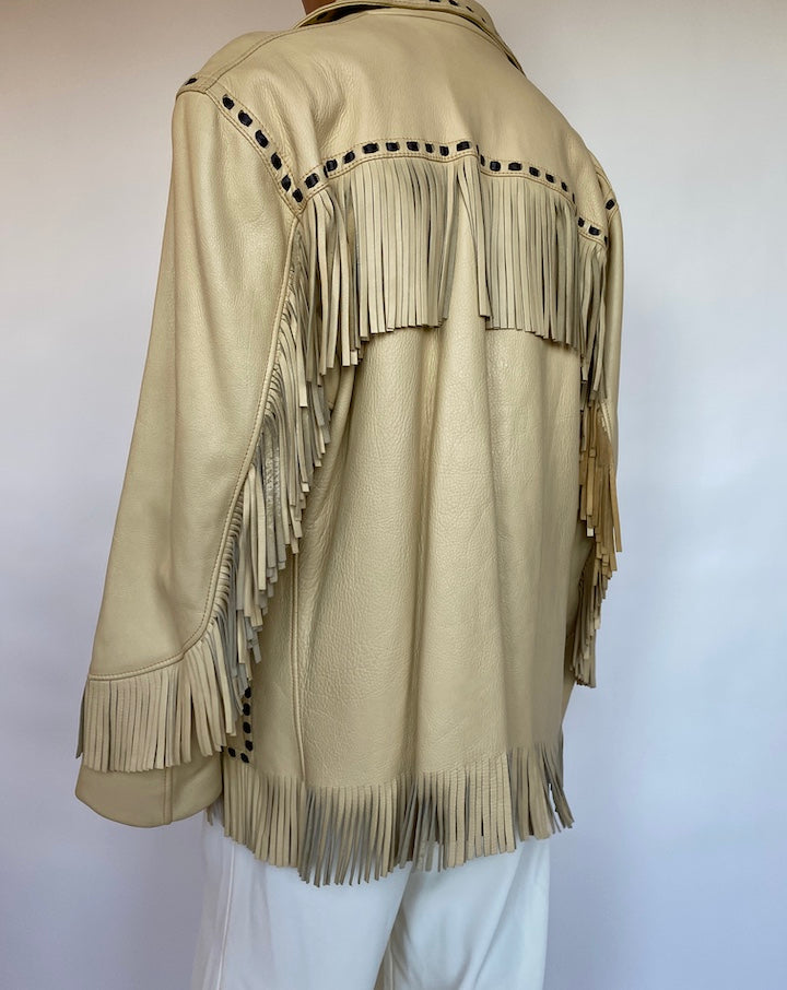VINTAGE LIGHT BEIGE FRINGE LEATHER JACKET 126