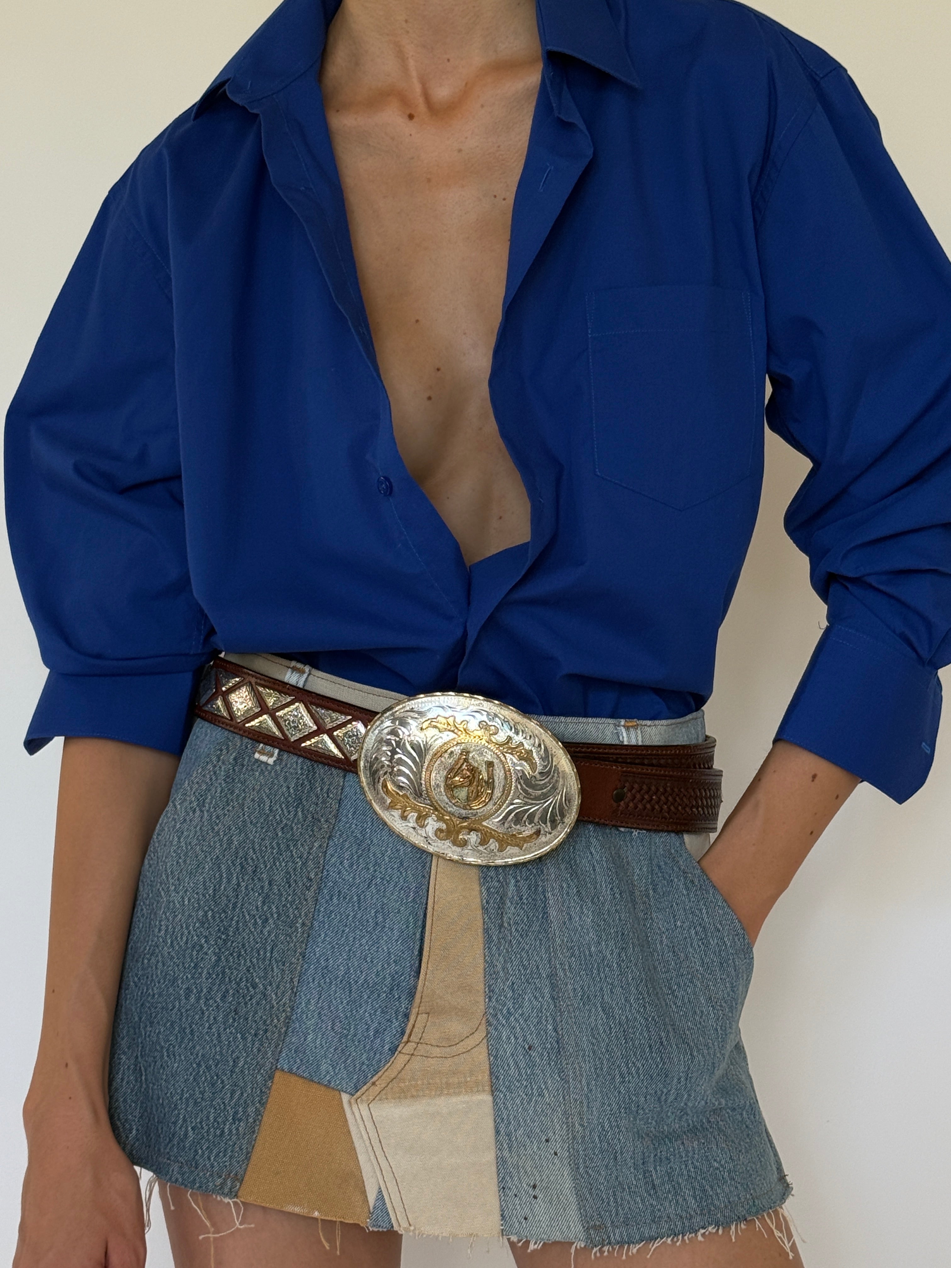 Vintage cobalt blue button-up shirt front view