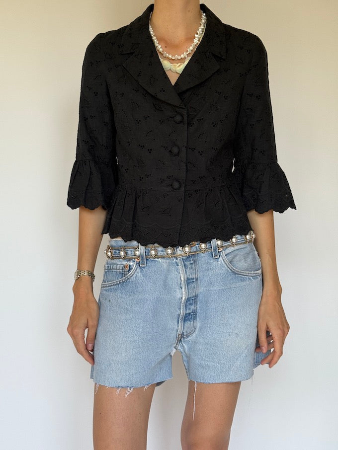 Vintage Broderie Peplum Top Black 6318