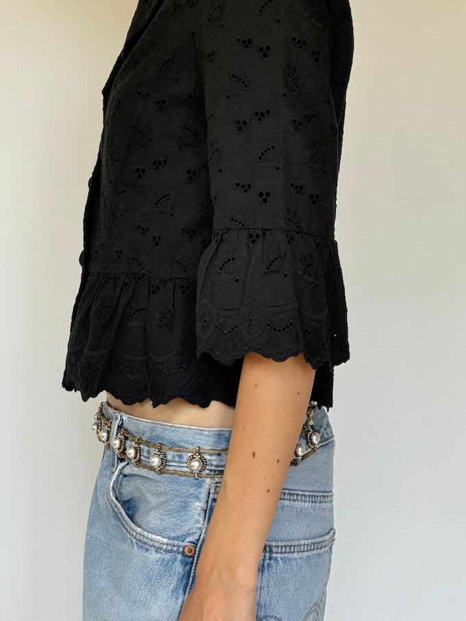 Vintage Broderie Peplum Top Black 6318