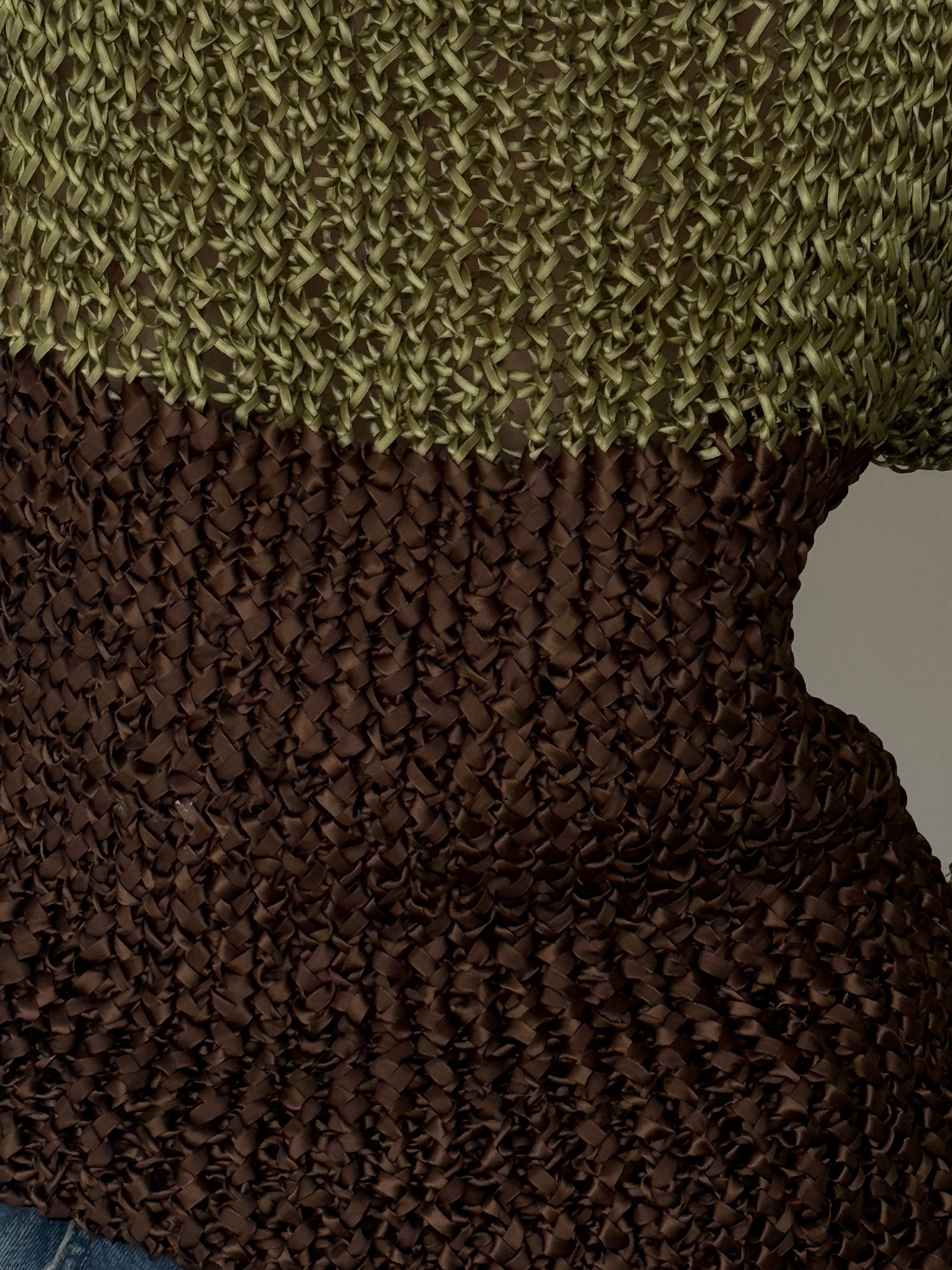 Vintage olive brown ribbon woven textured top fabric close-up