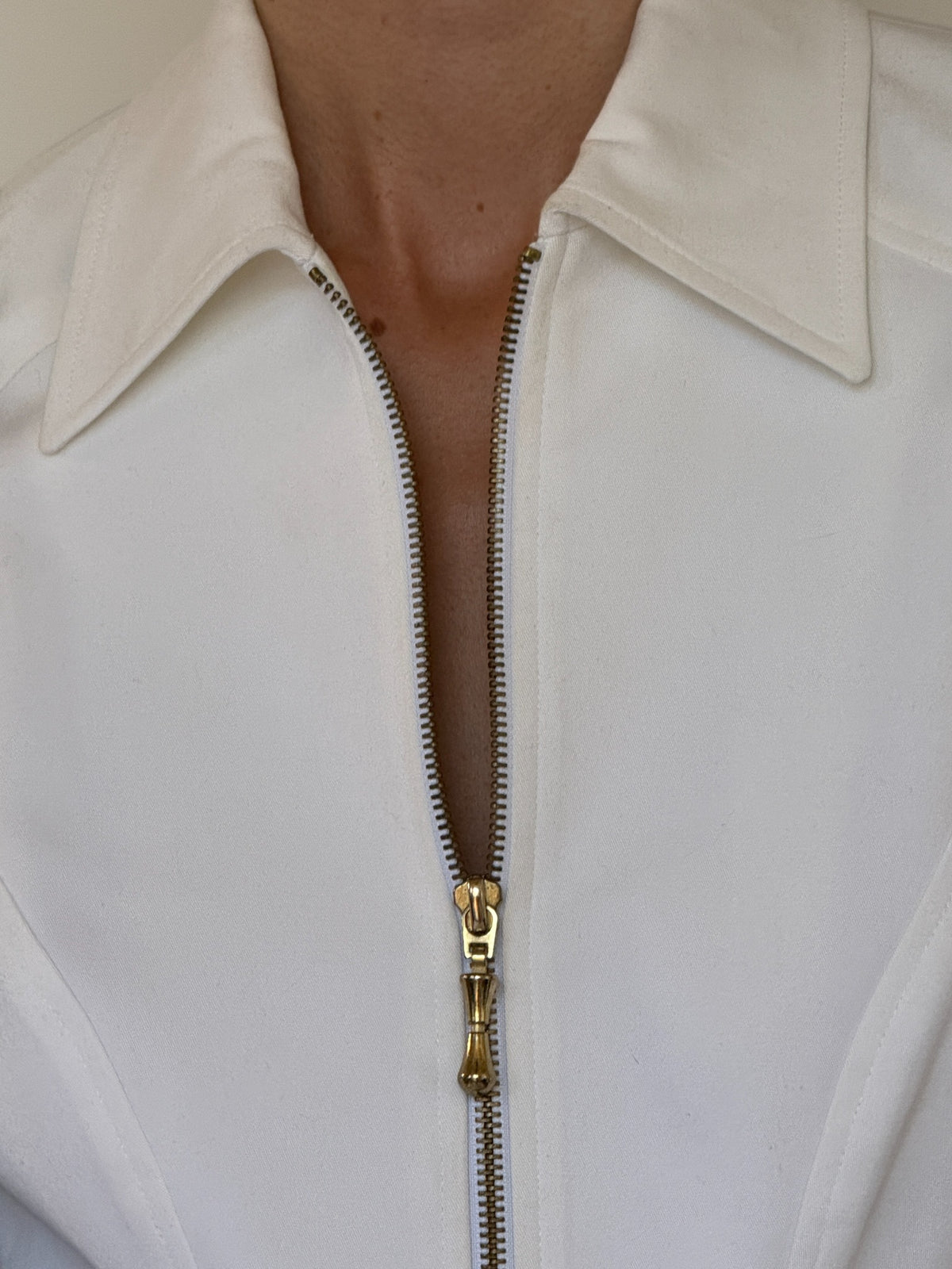 Close-up of pointed collar and gold zip pull
