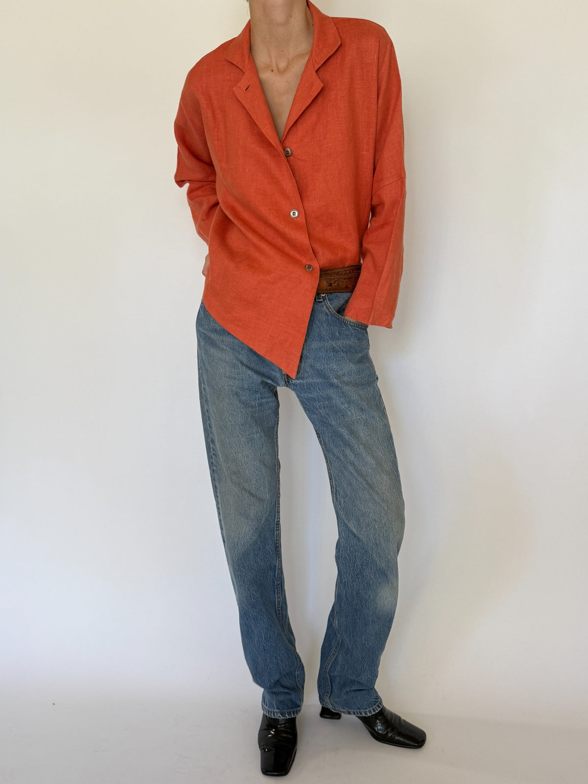 Vintage coral orange asymmetrical linen shirt, SKU 8399