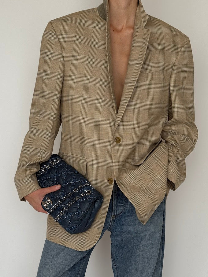 Vintage Checked Wool-Silk-Linen Blazer Beige 6636