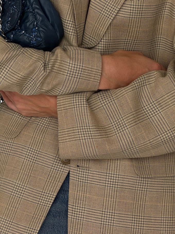 Vintage Checked Wool-Silk-Linen Blazer Beige 6636