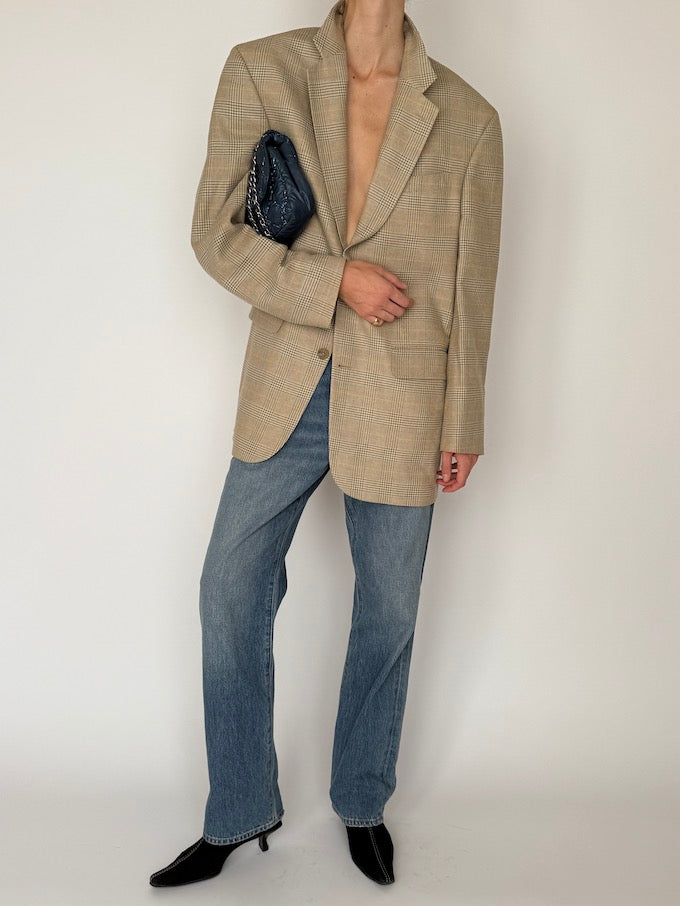 Vintage Checked Wool-Silk-Linen Blazer Beige 6636