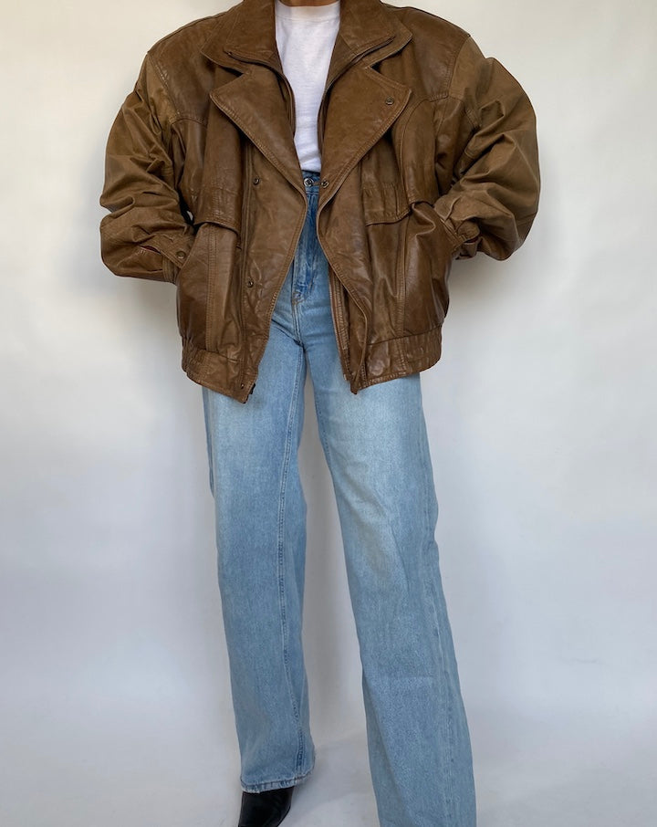 VINTAGE OVERSIZED BROWN BOXY LEATHER JACKET 412