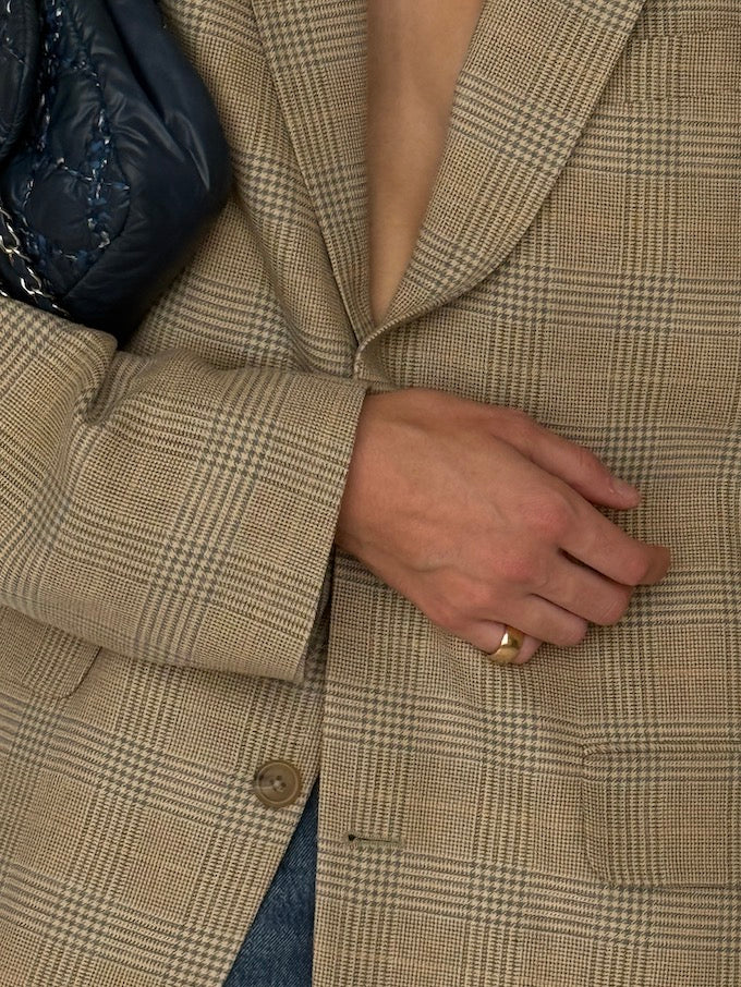 Vintage Checked Wool-Silk-Linen Blazer Beige 6636