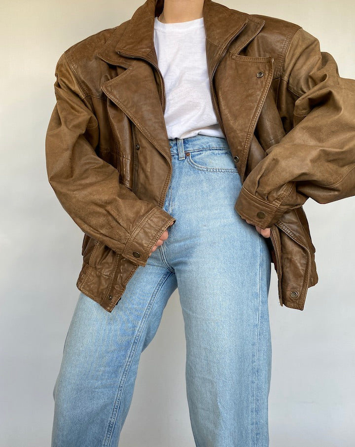 VINTAGE OVERSIZED BROWN BOXY LEATHER JACKET 412